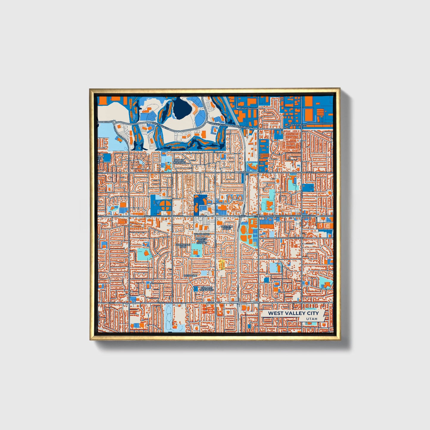 West Valley City Utah Colorful City Map Canvas Print • Gold Framed