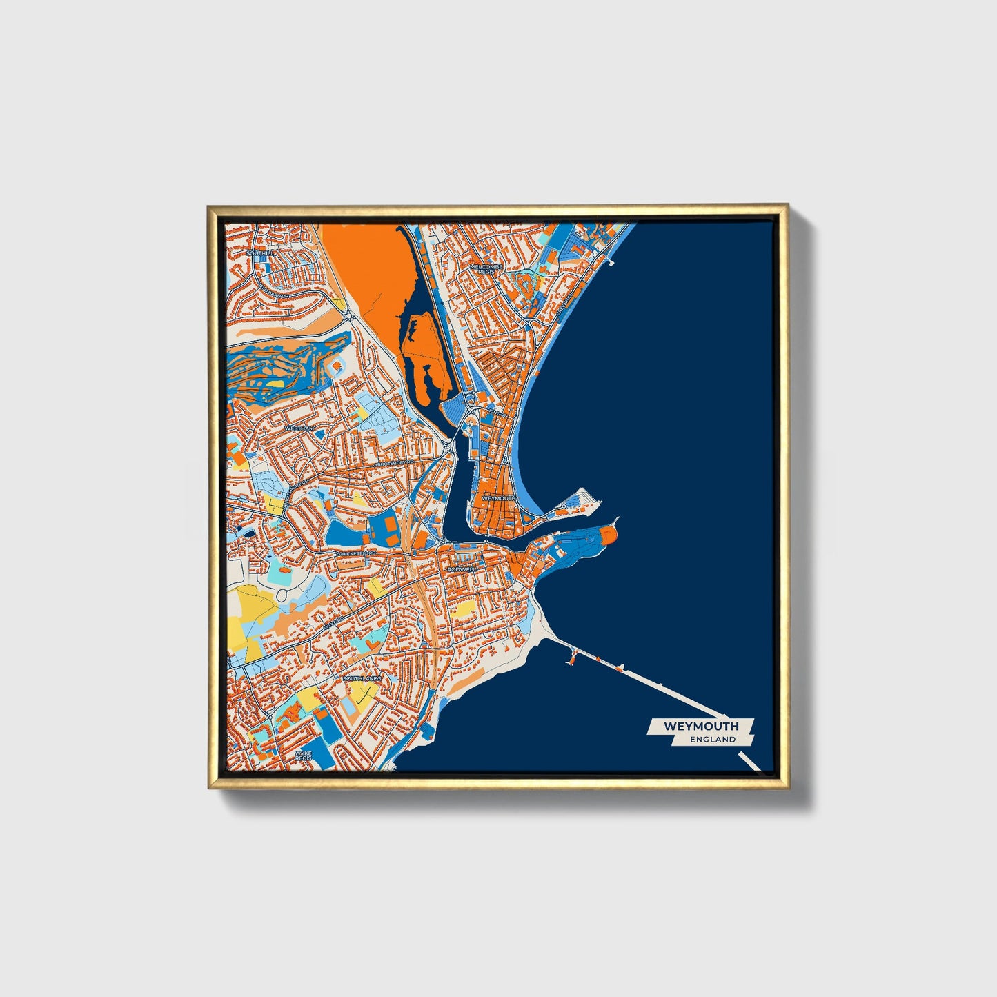 Weymouth England Colorful City Map Canvas Print • Gold Framed