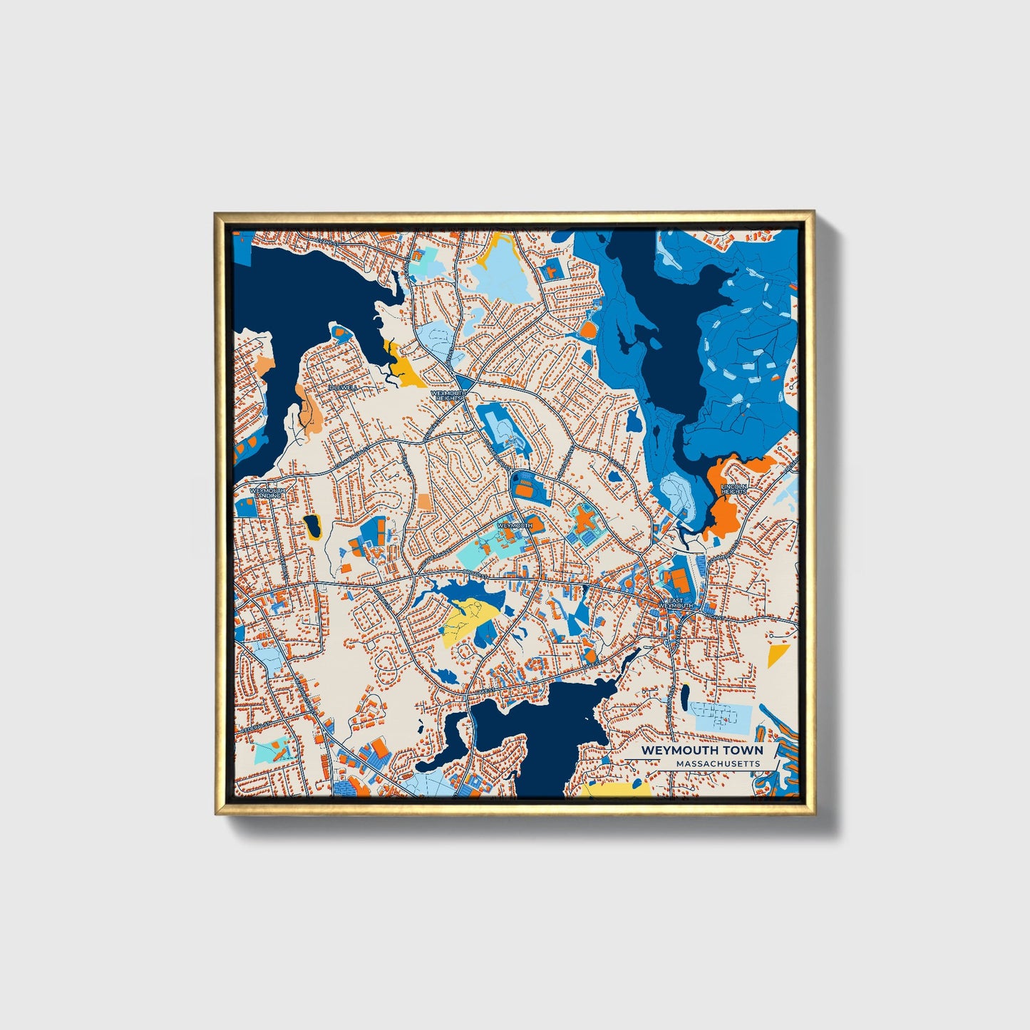 Weymouth Town Massachusetts Colorful City Map Canvas Print • Gold Framed