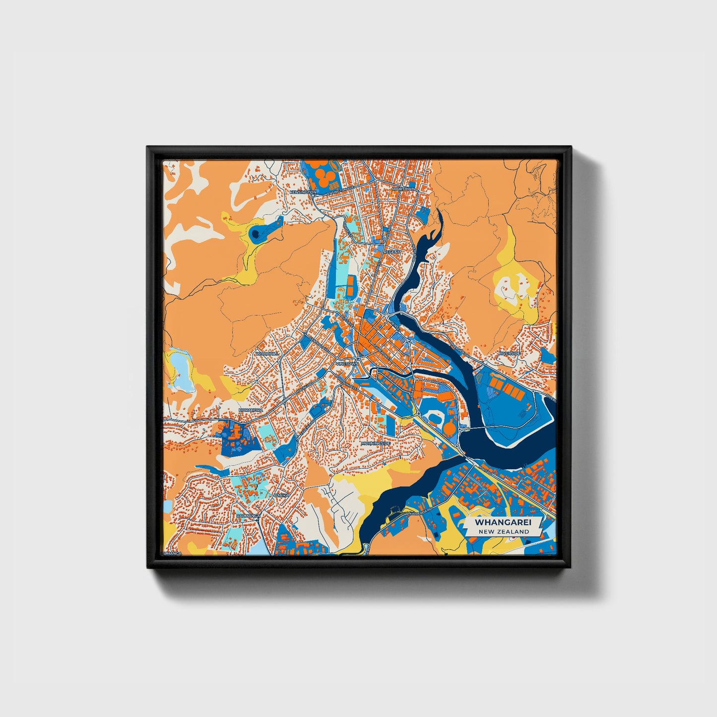 Whangarei New Zealand Colorful City Map Canvas Print • Black Framed