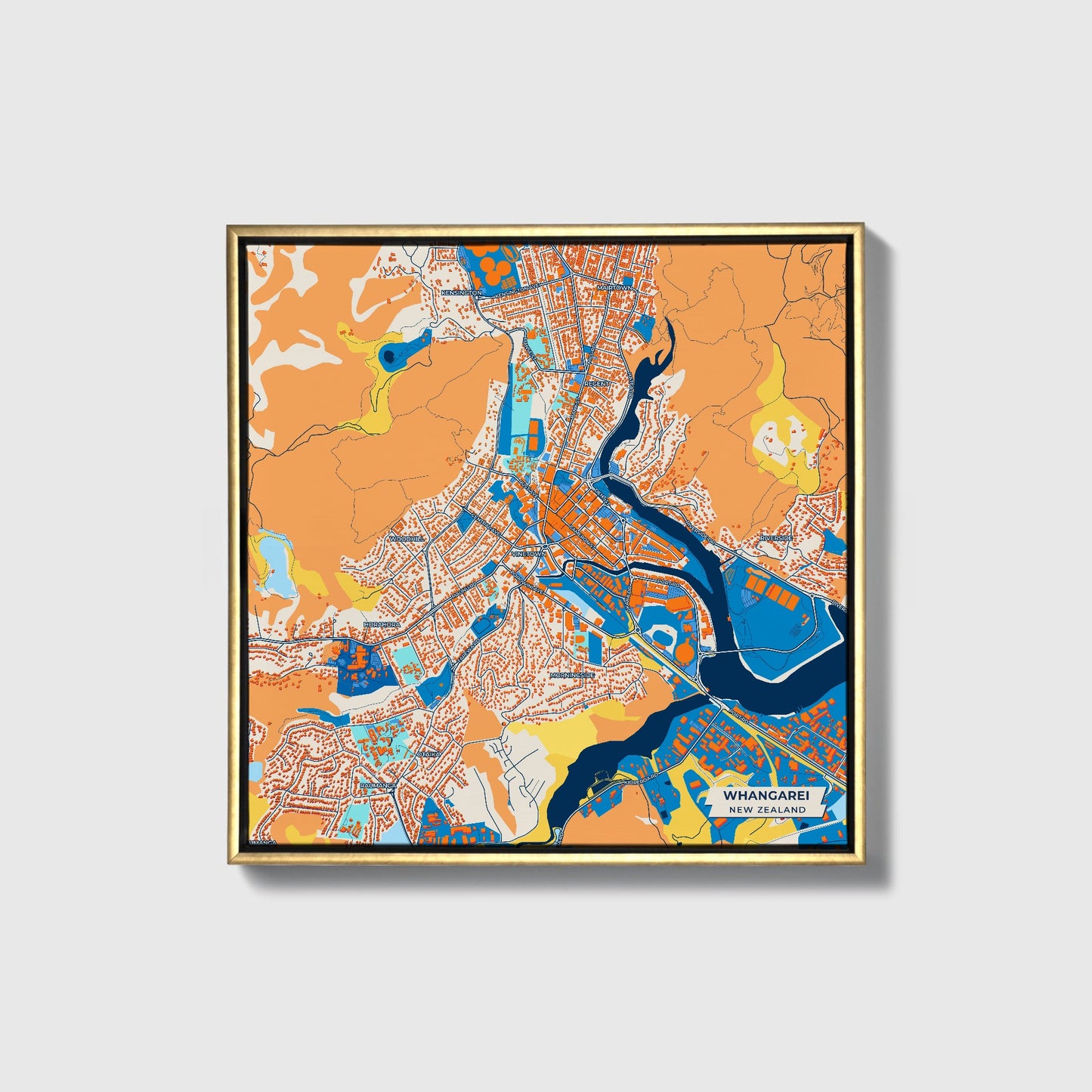 Whangarei New Zealand Colorful City Map Canvas Print • Gold Framed