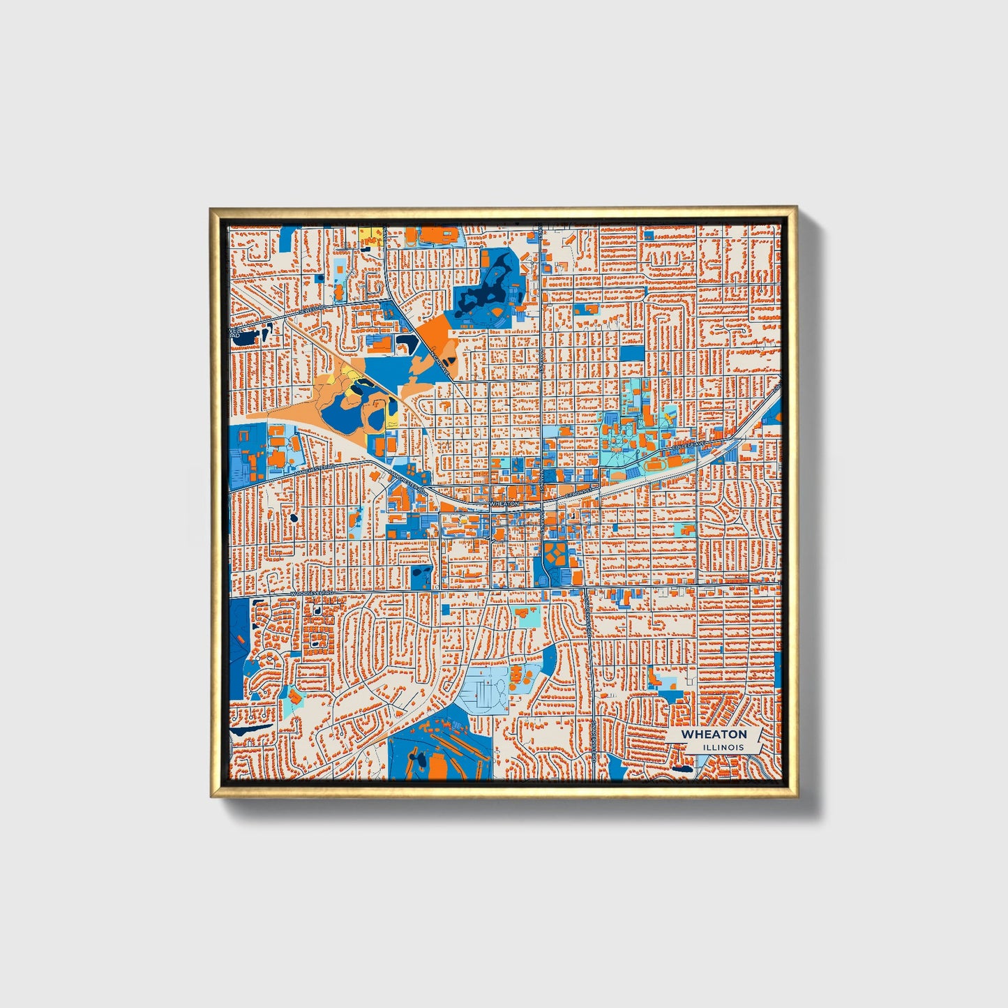 Wheaton Illinois Colorful City Map Canvas Print • Gold Framed