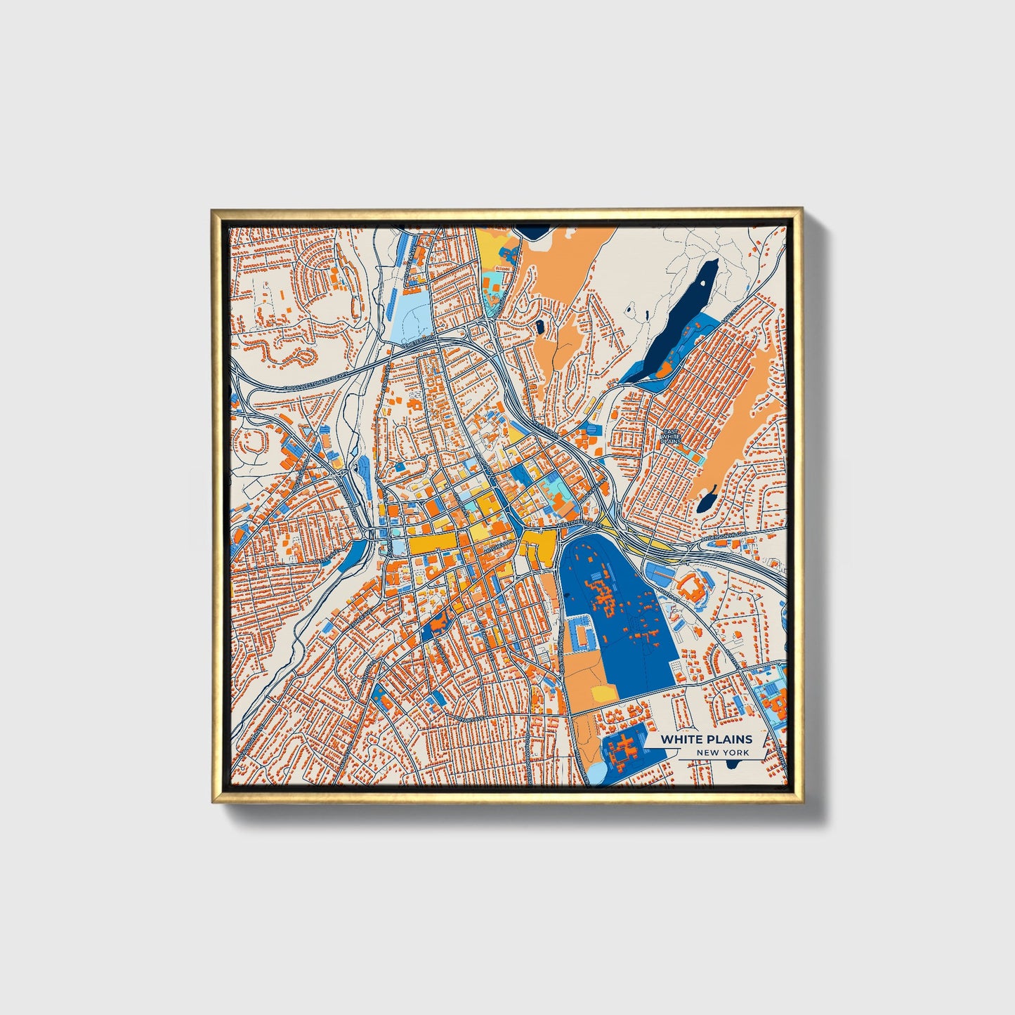 White Plains New York Colorful City Map Canvas Print • Gold Framed