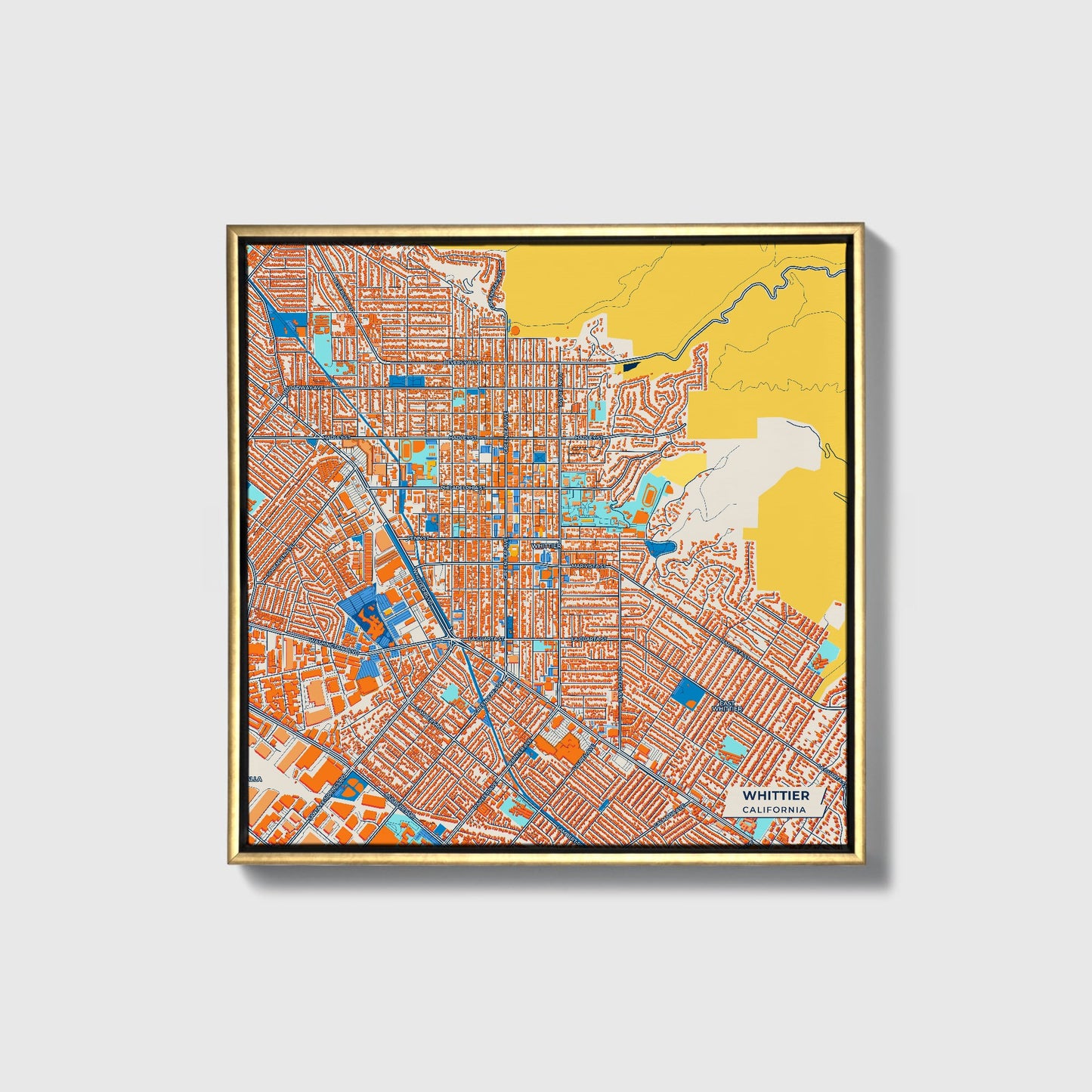 Whittier California Colorful City Map Canvas Print • Gold Framed