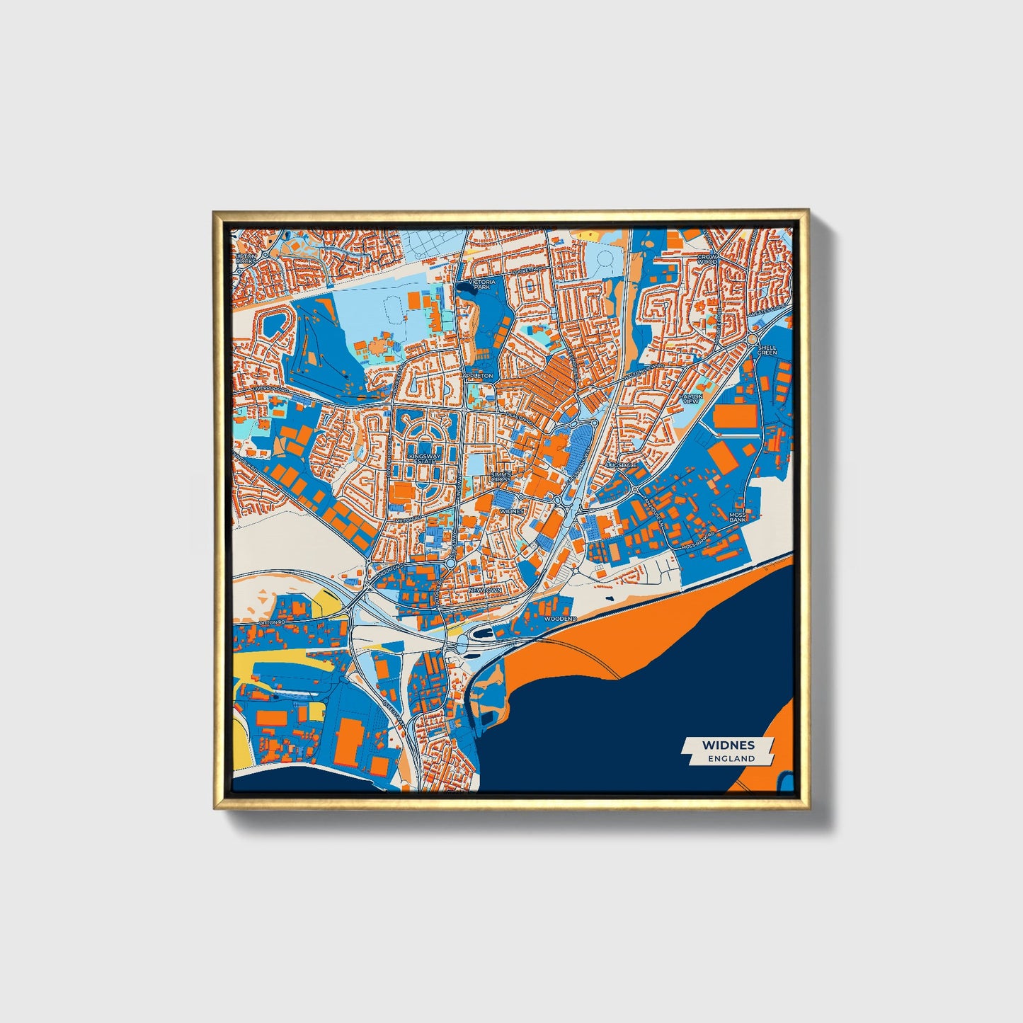 Widnes England Colorful City Map Canvas Print • Gold Framed