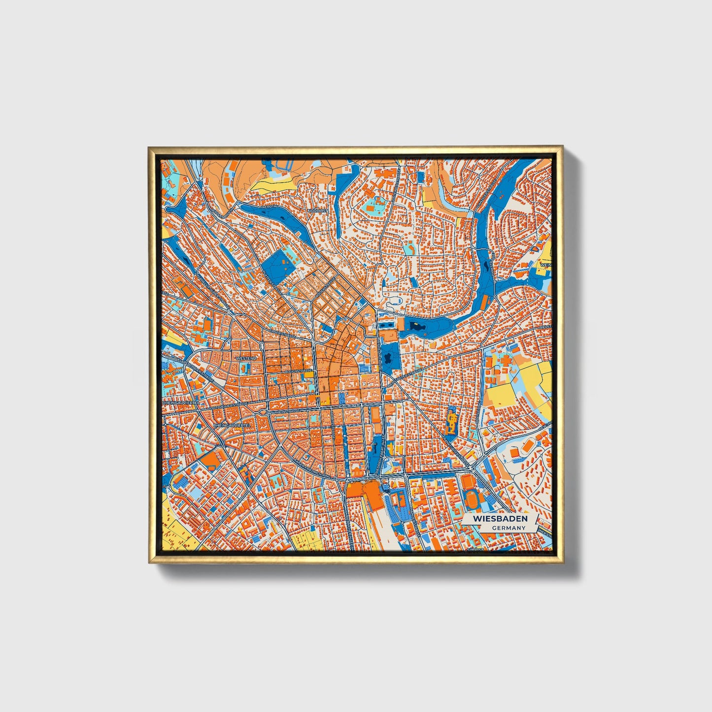 Wiesbaden Germany Colorful City Map Canvas Print • Gold Framed