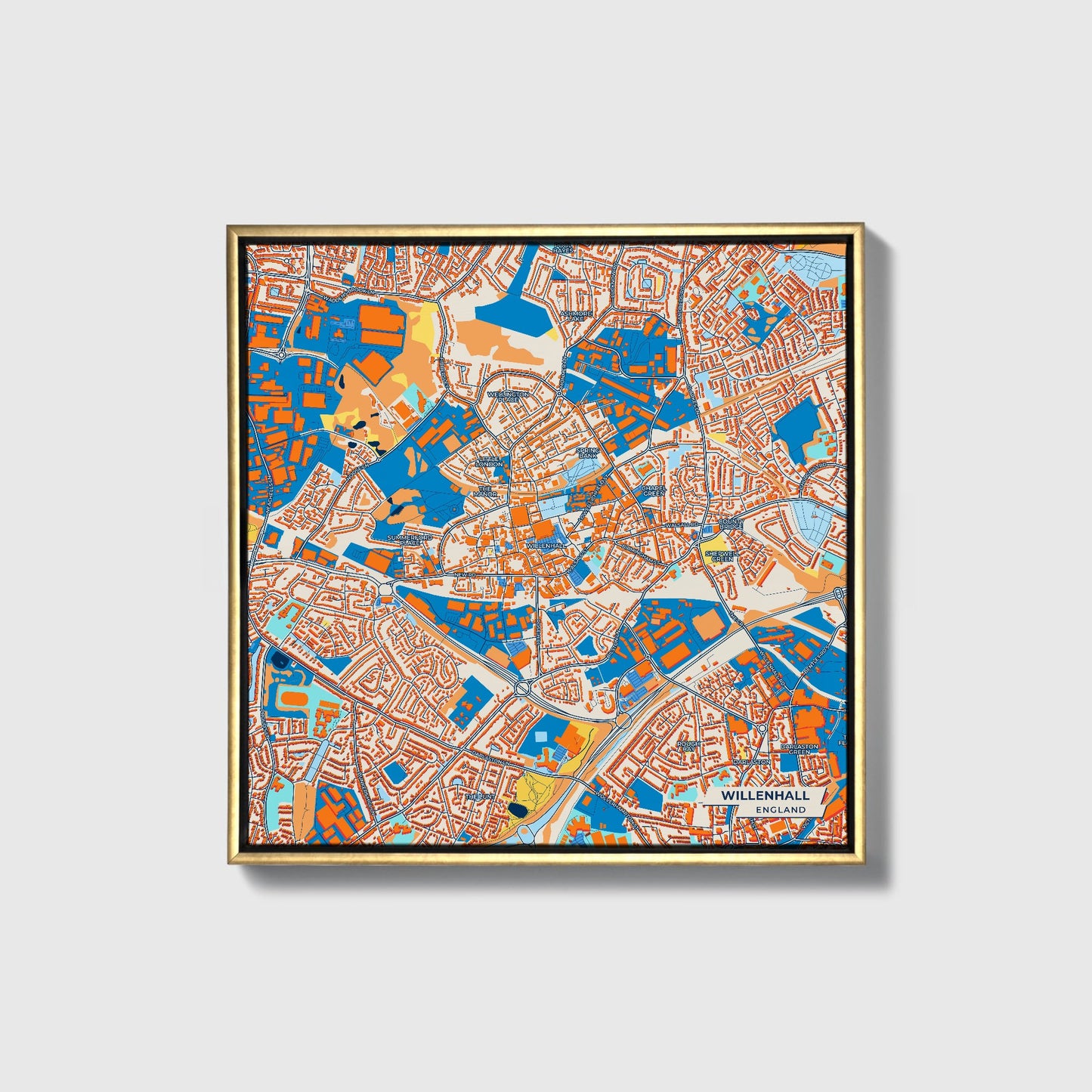 Willenhall England Colorful City Map Canvas Print • Gold Framed