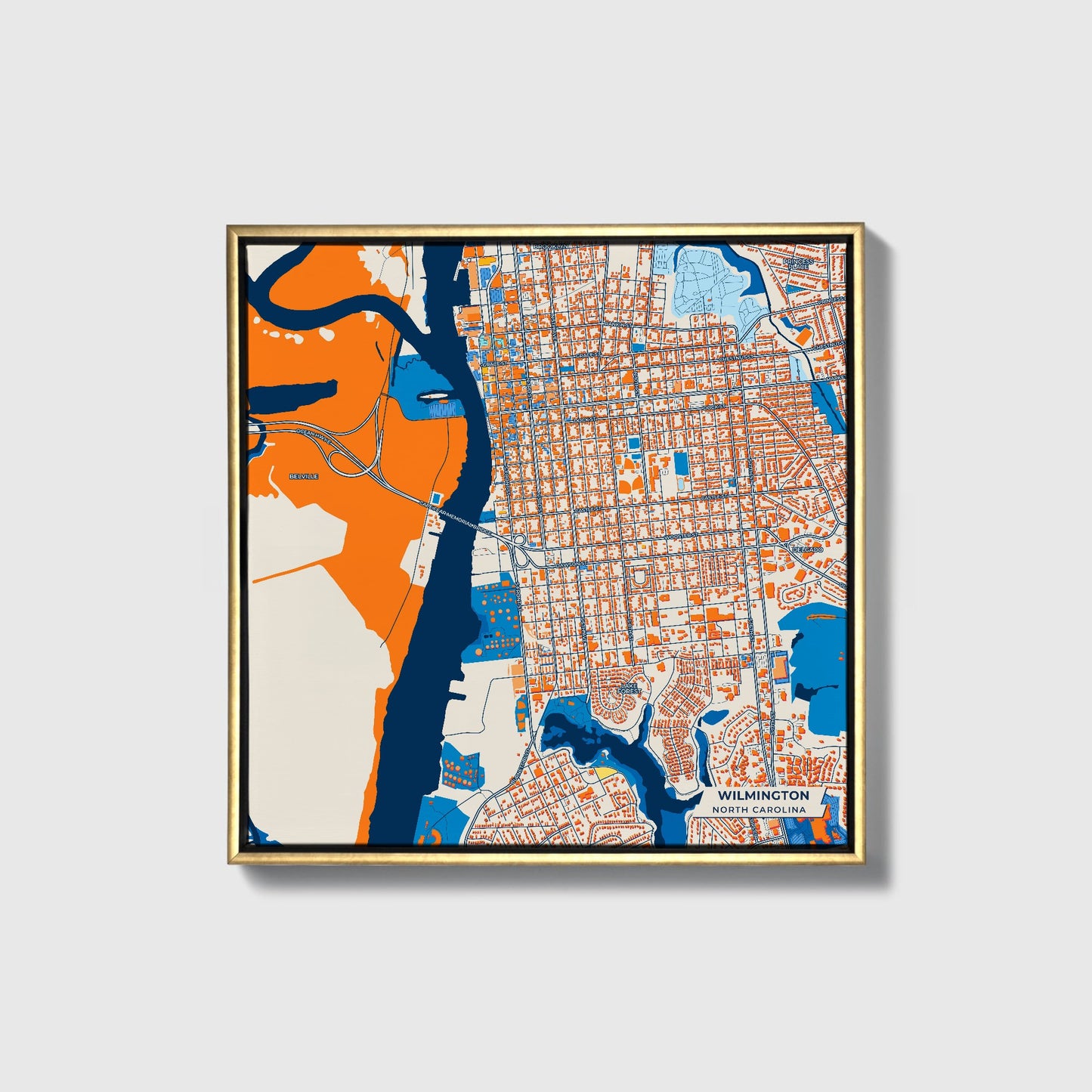 Wilmington North Carolina Colorful City Map Canvas Print • Gold Framed