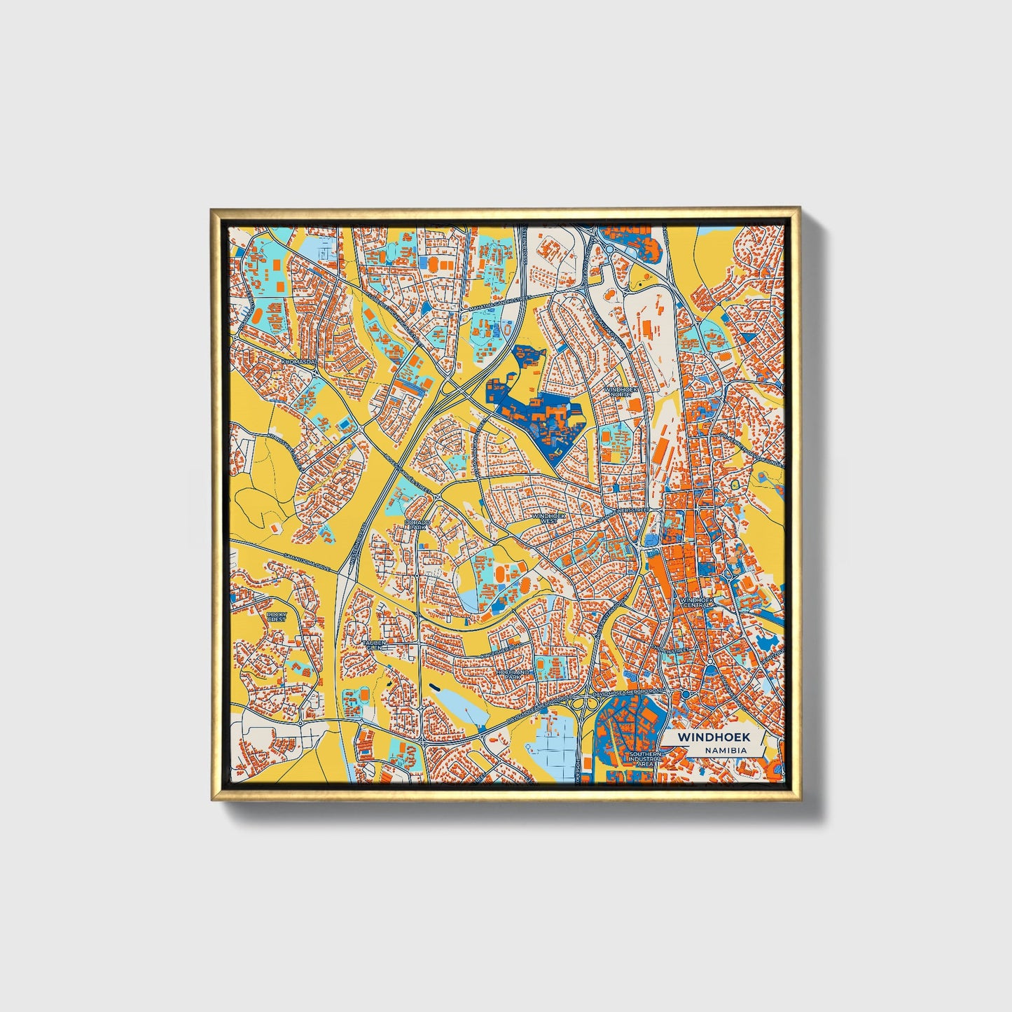 Windhoek Namibia Colorful City Map Canvas Print • Gold Framed