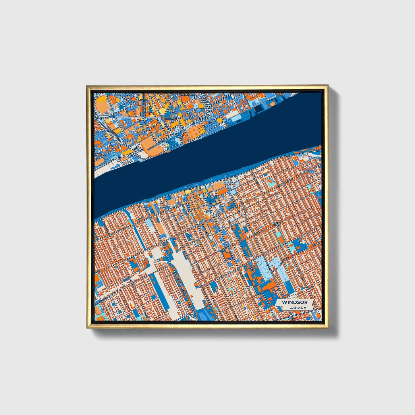 Windsor Canada Colorful City Map Canvas Print • Gold Framed