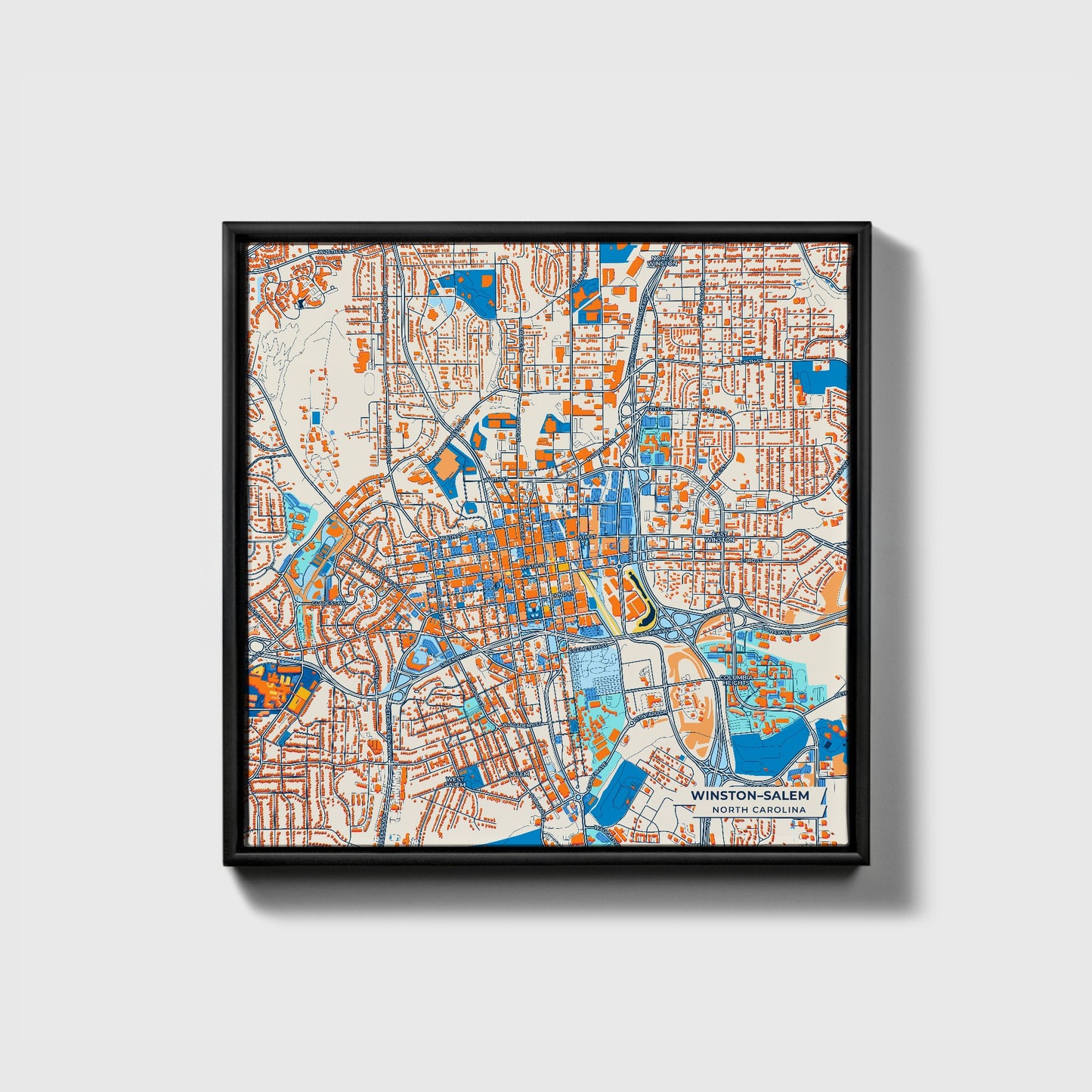 Winston–Salem North Carolina Colorful City Map Canvas Print • Black Framed