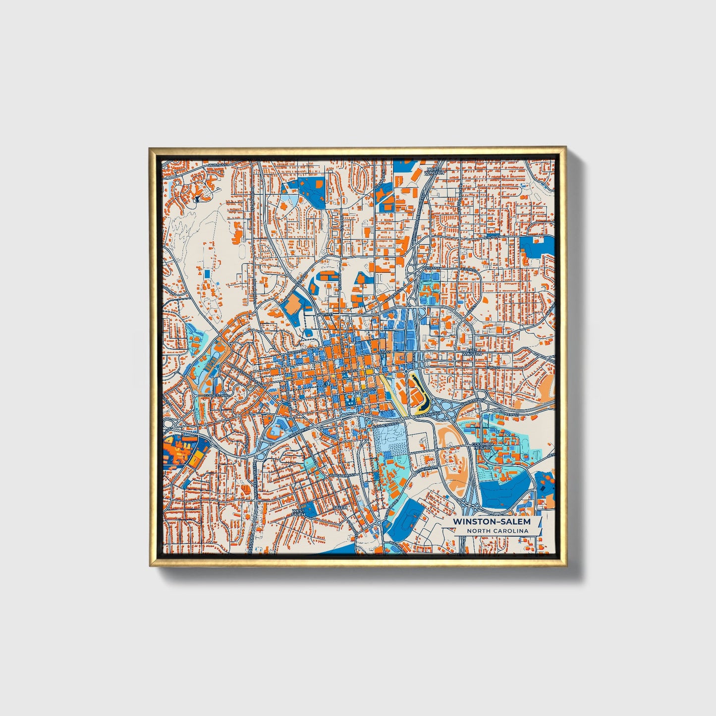 Winston–Salem North Carolina Colorful City Map Canvas Print • Gold Framed