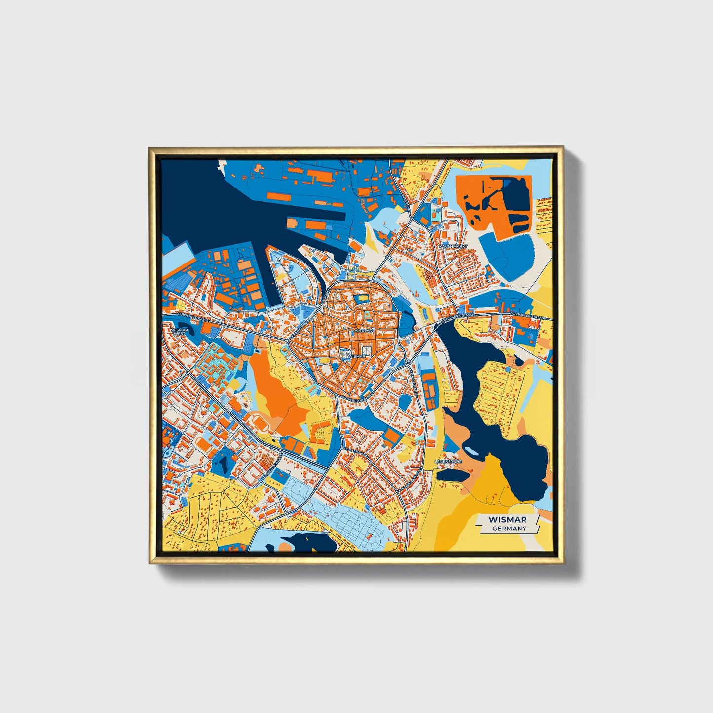Wismar Germany Colorful City Map Canvas Print • Gold Framed