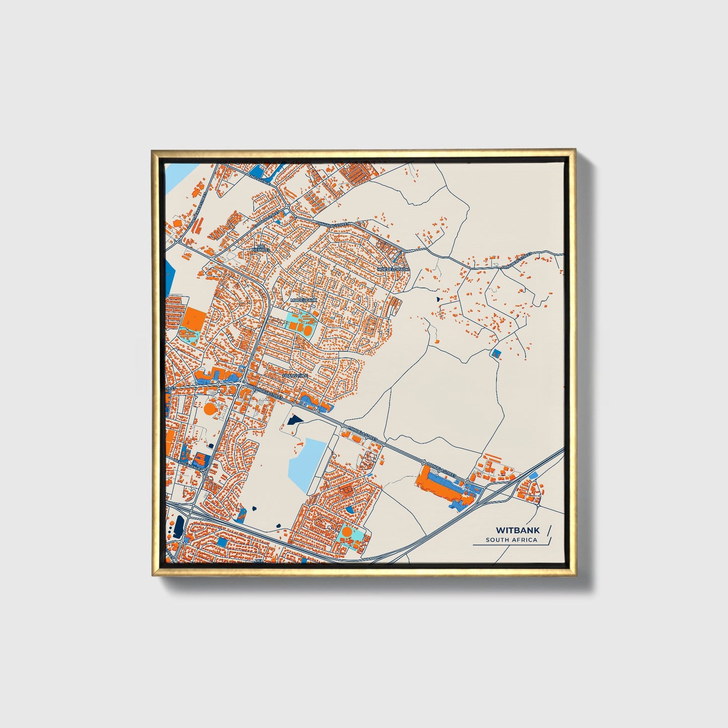 Witbank South Africa Colorful City Map Canvas Print • Gold Framed