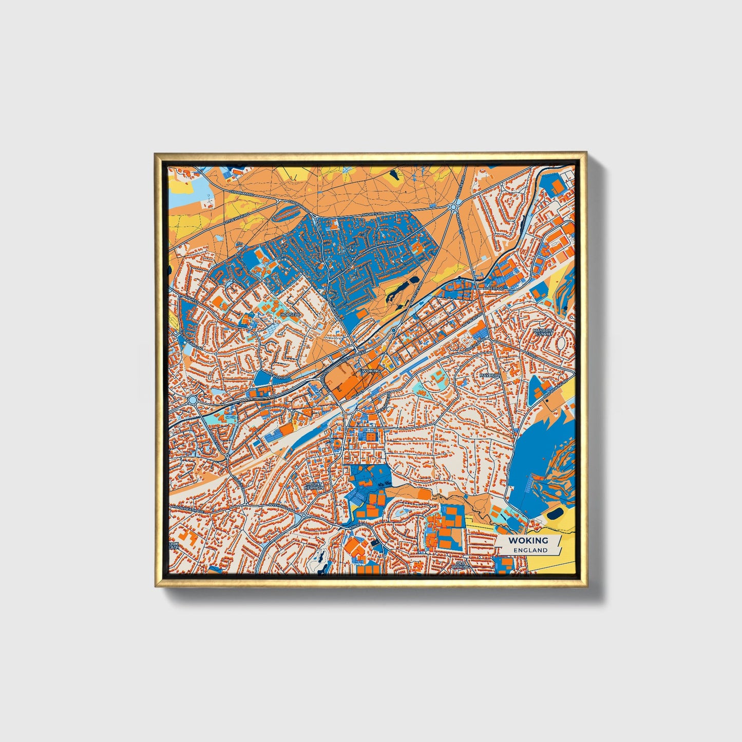 Woking England Colorful City Map Canvas Print • Gold Framed