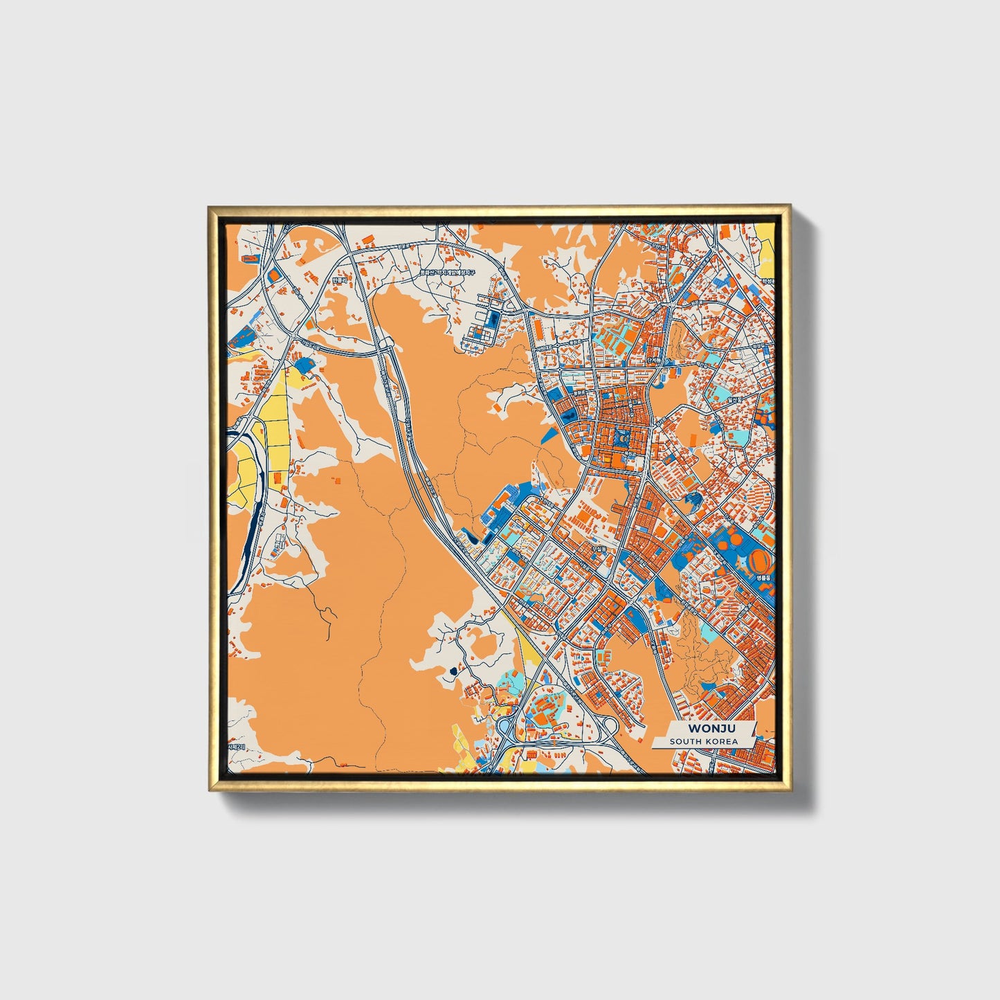 Wonju South Korea Colorful City Map Canvas Print • Gold Framed