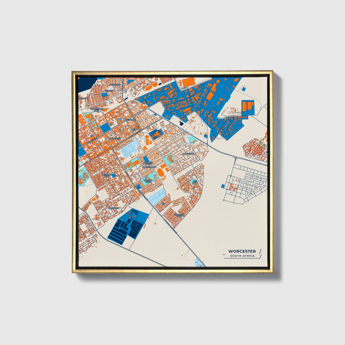 Worcester South Africa Colorful City Map Canvas Print • Gold Framed