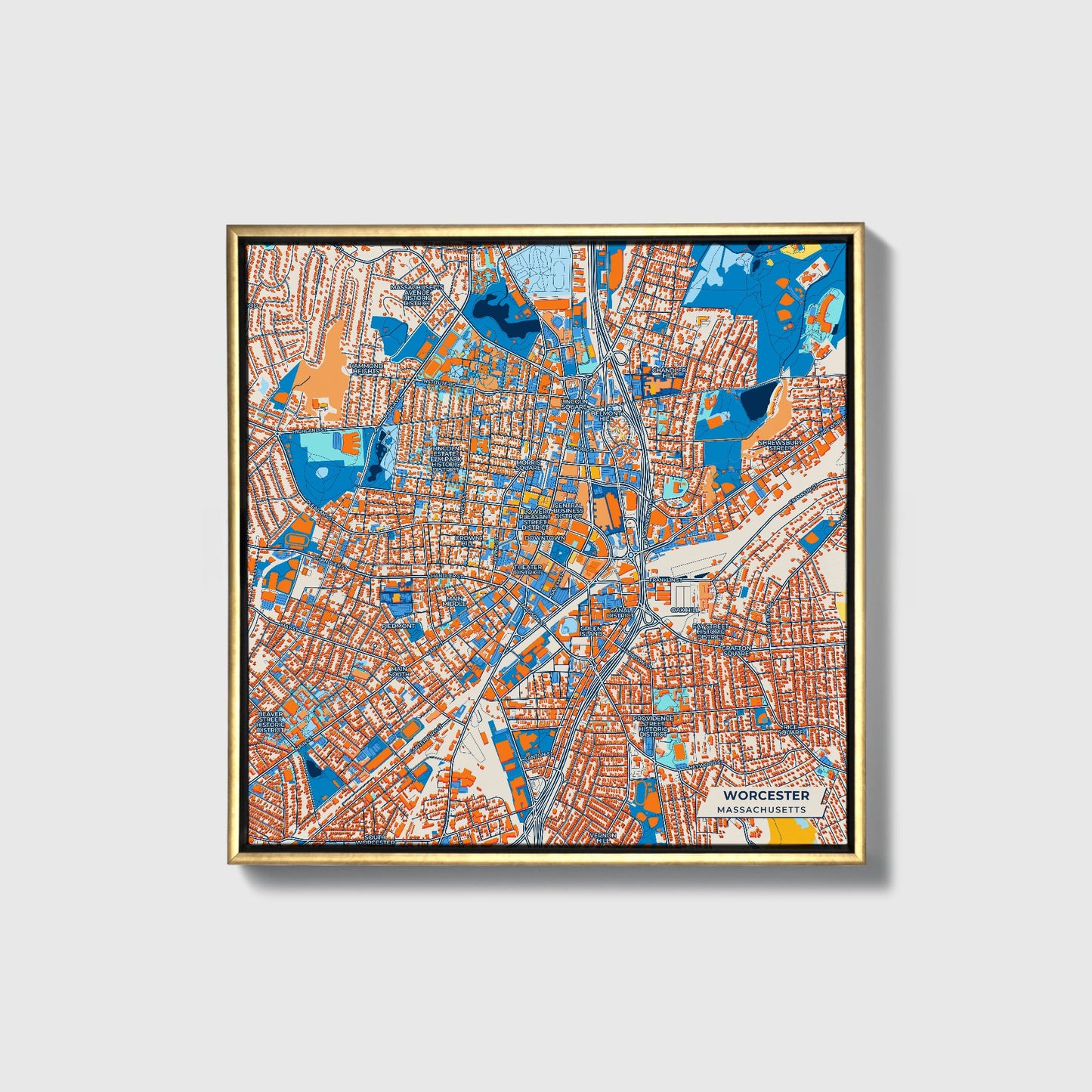Worcester Massachusetts Colorful City Map Canvas Print • Gold Framed