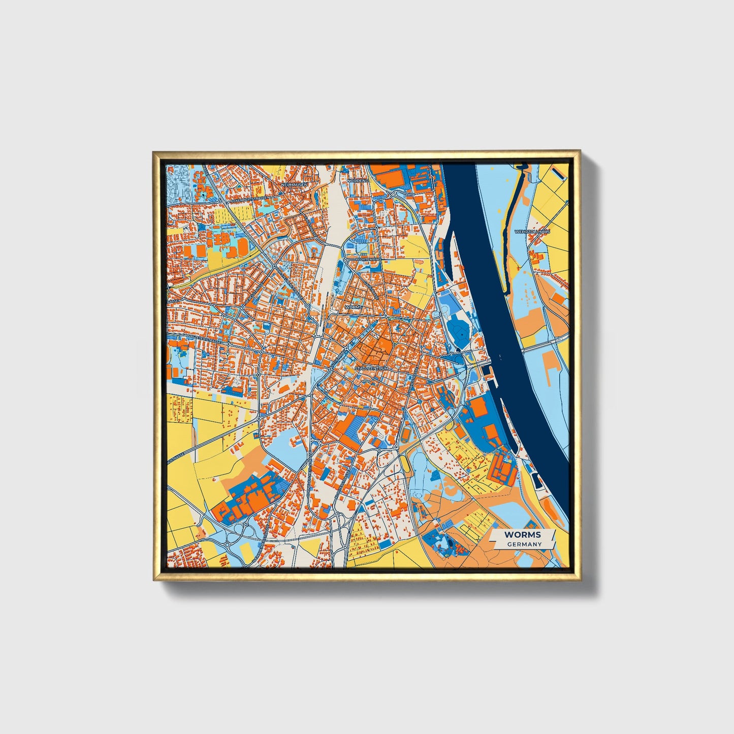 Worms Germany Colorful City Map Canvas Print • Gold Framed