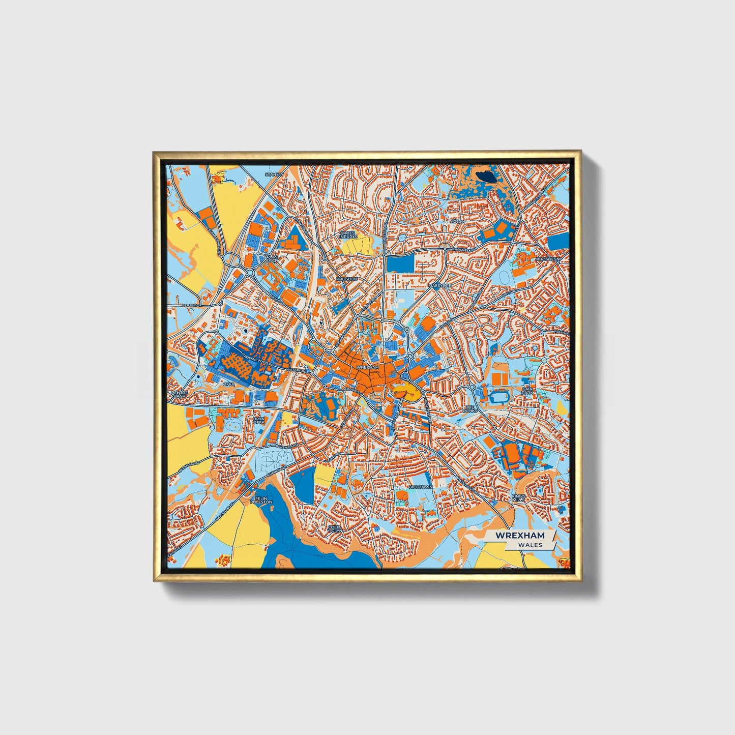 Wrexham Wales Colorful City Map Canvas Print • Gold Framed