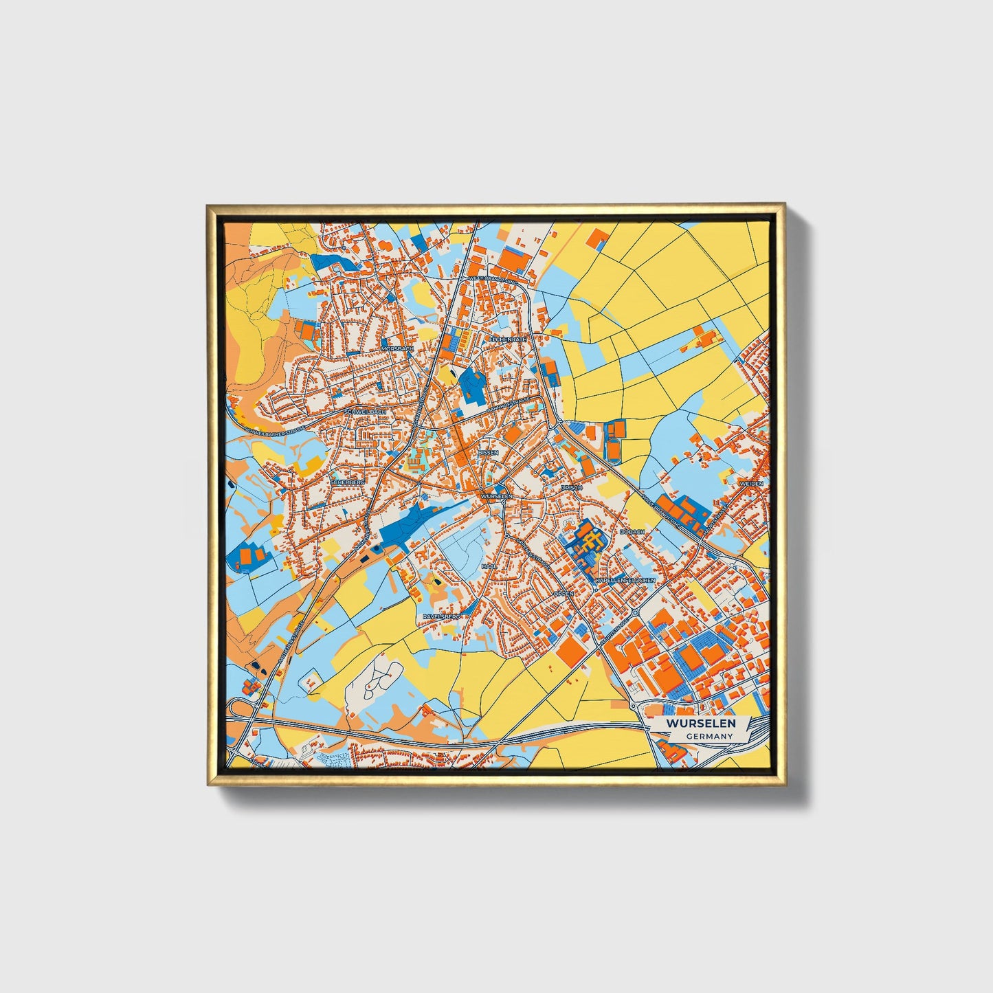 Würselen Germany Colorful City Map Canvas Print • Gold Framed