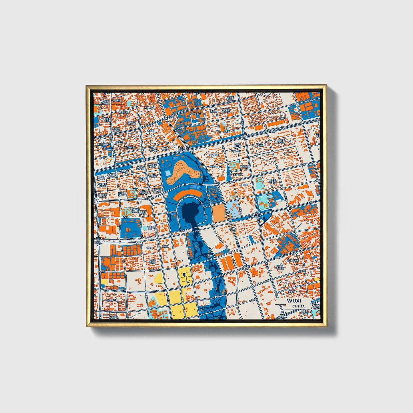 Wuxi China Colorful City Map Canvas Print • Gold Framed