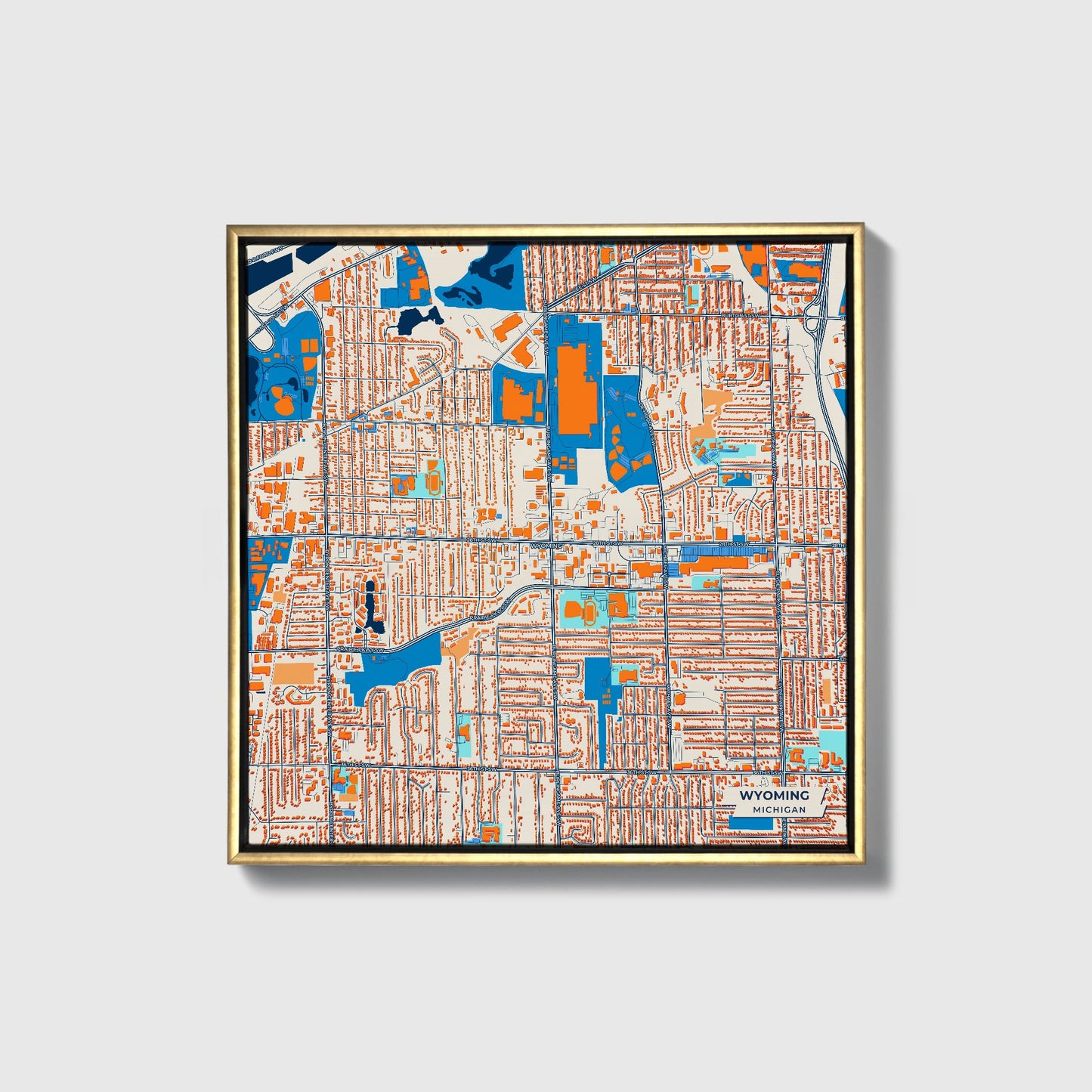 Wyoming Michigan Colorful City Map Canvas Print • Gold Framed
