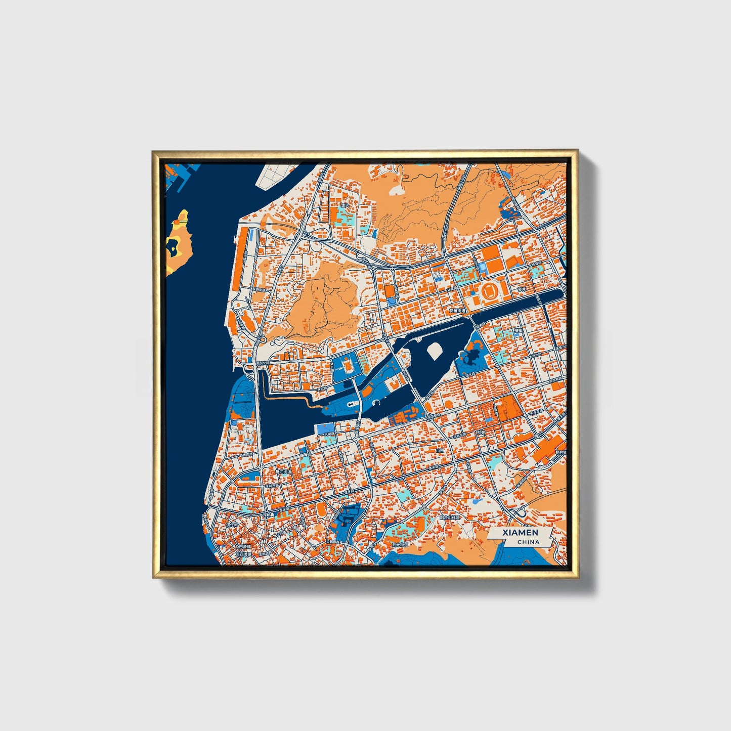 Xiamen China Colorful City Map Canvas Print • Gold Framed