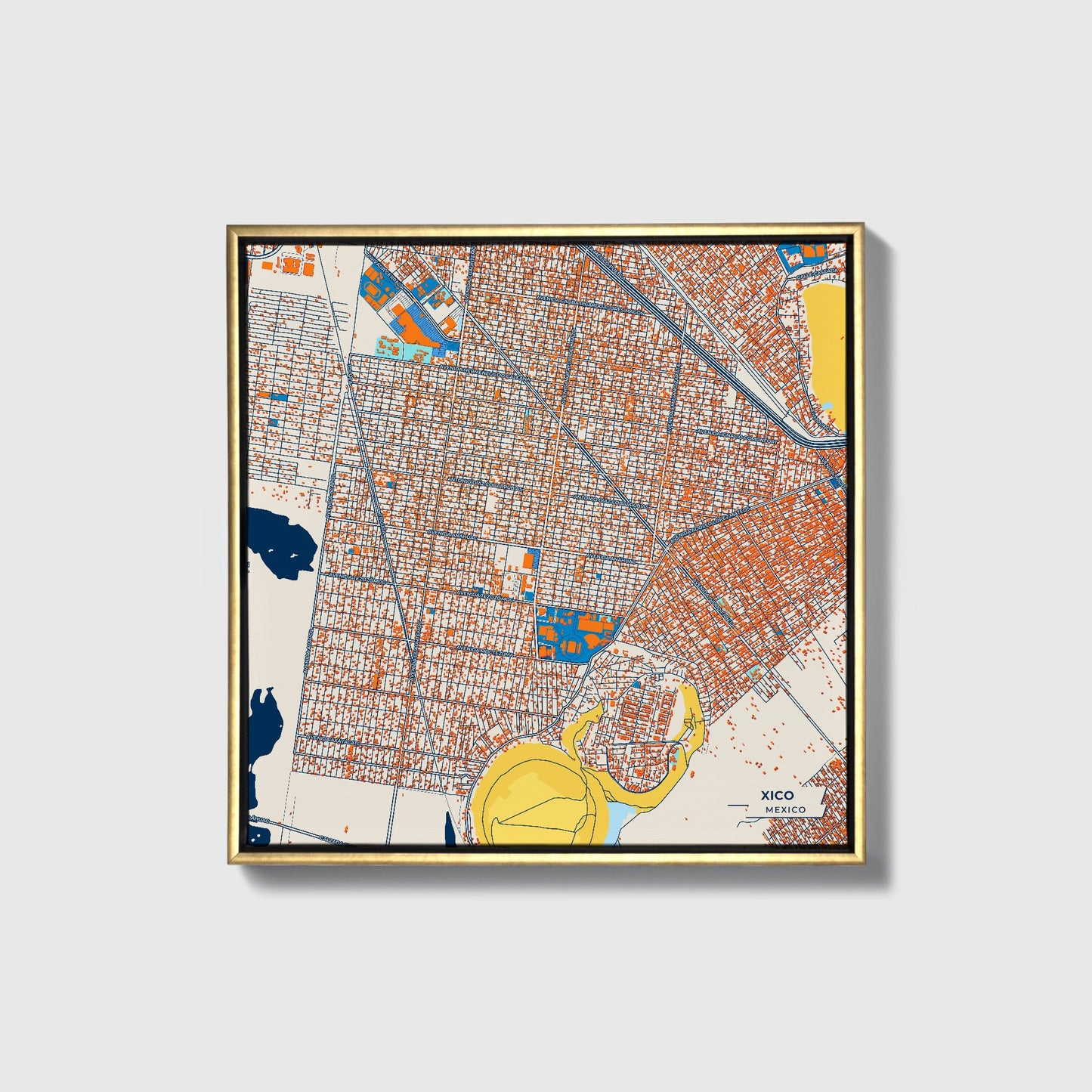 Xico Mexico Colorful City Map Canvas Print • Gold Framed