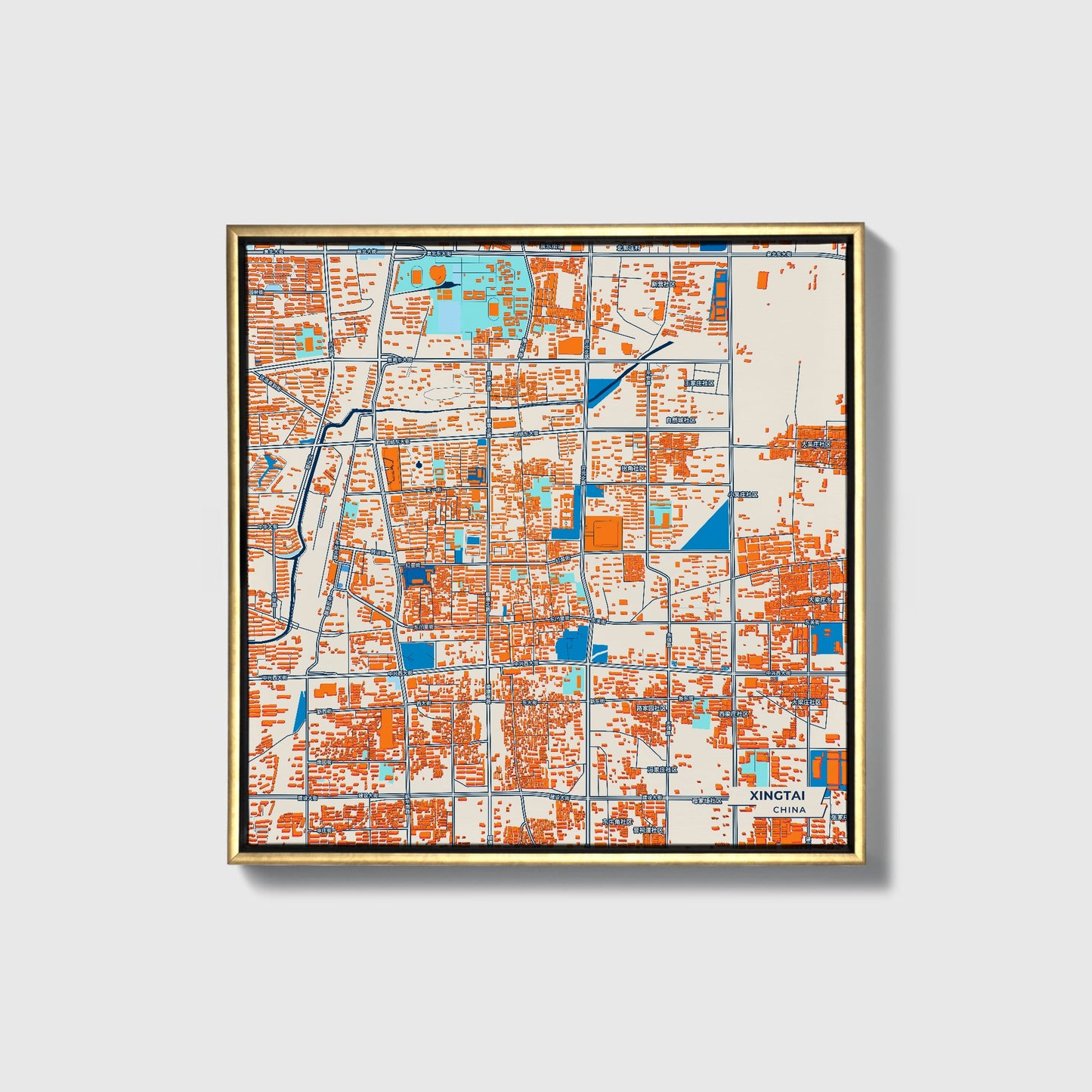 Xingtai China Colorful City Map Canvas Print • Gold Framed