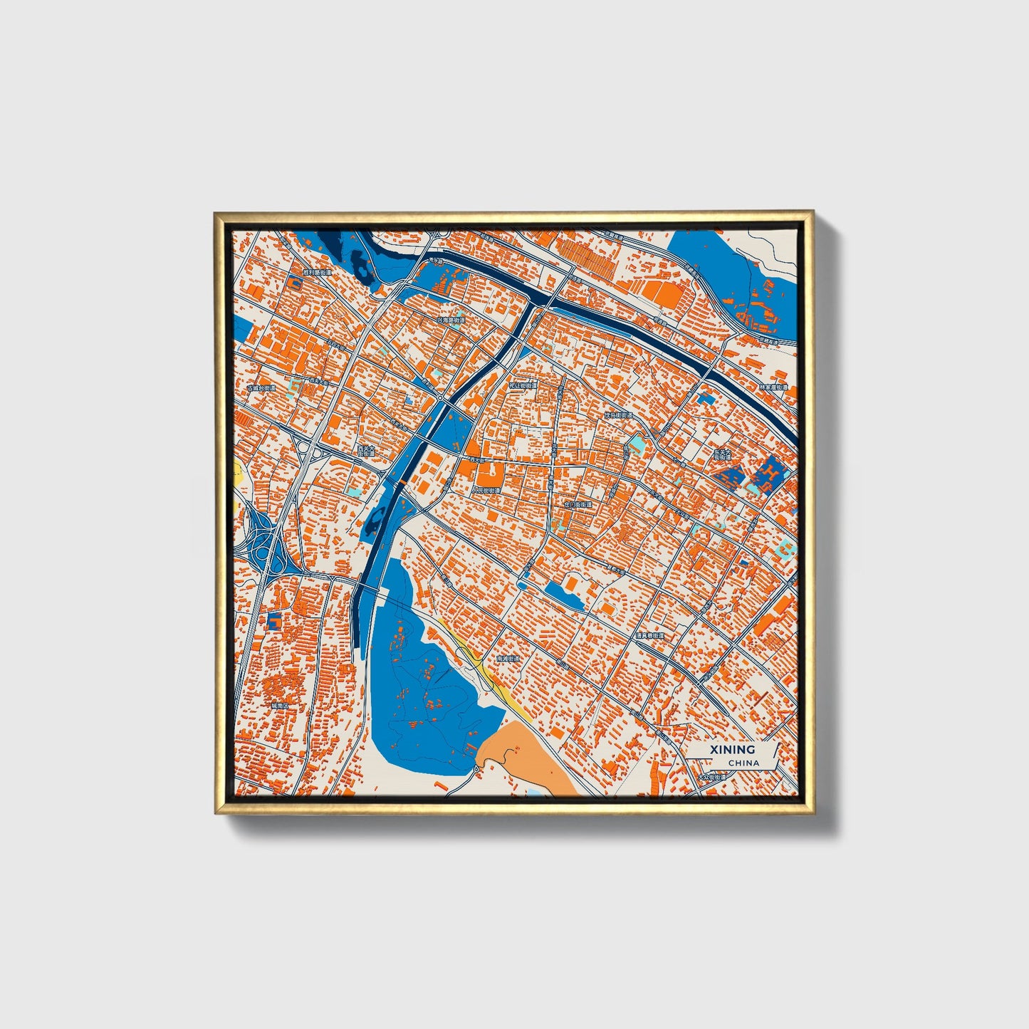 Xining China Colorful City Map Canvas Print • Gold Framed