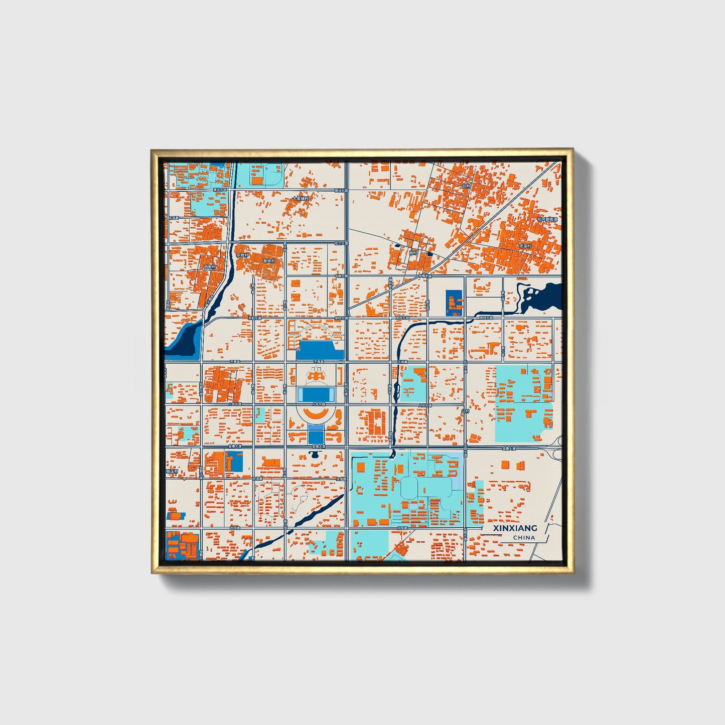 Xinxiang China Colorful City Map Canvas Print • Gold Framed