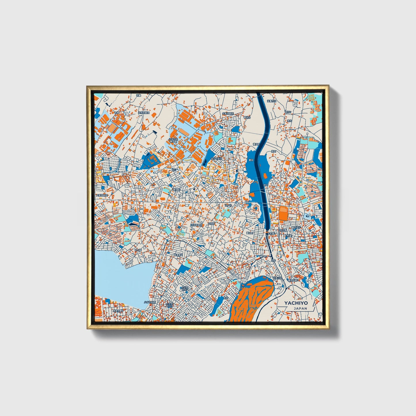 Yachiyo Japan Colorful City Map Canvas Print • Gold Framed