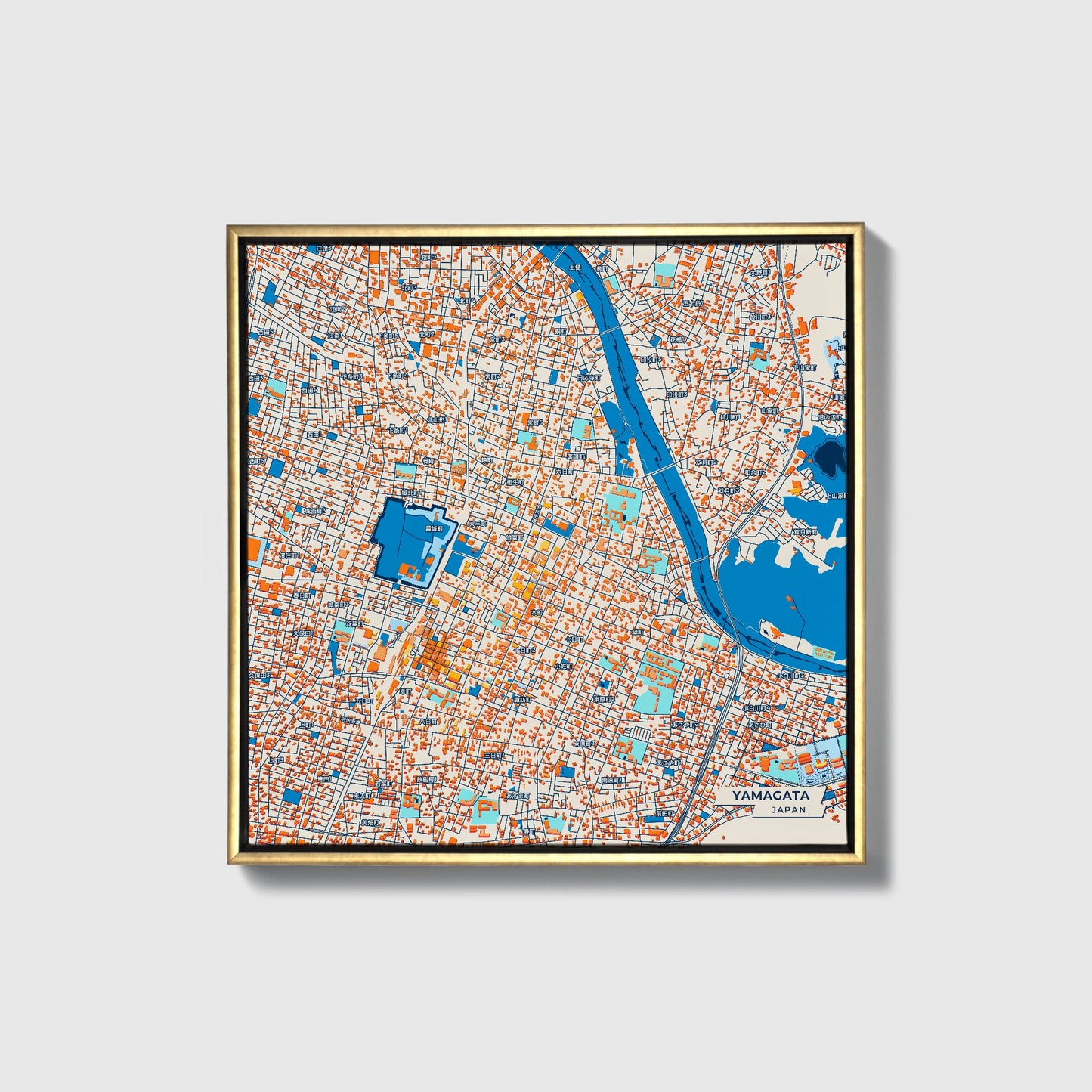 Yamagata Japan Colorful City Map Canvas Print • Gold Framed