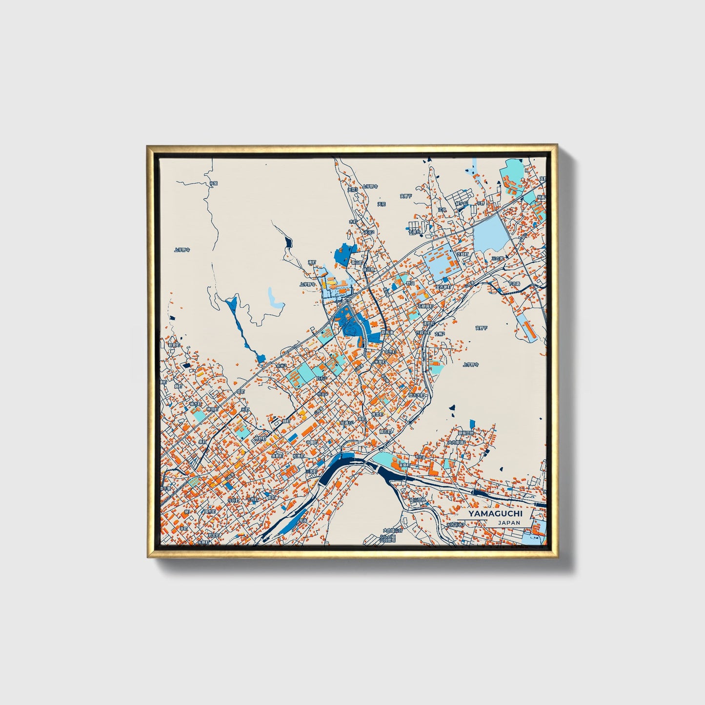 Yamaguchi Japan Colorful City Map Canvas Print • Gold Framed