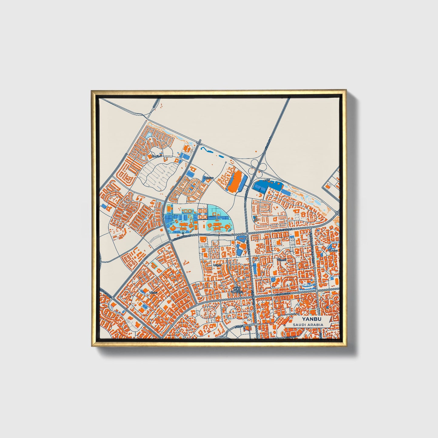 Yanbu Saudi Arabia Colorful City Map Canvas Print • Gold Framed