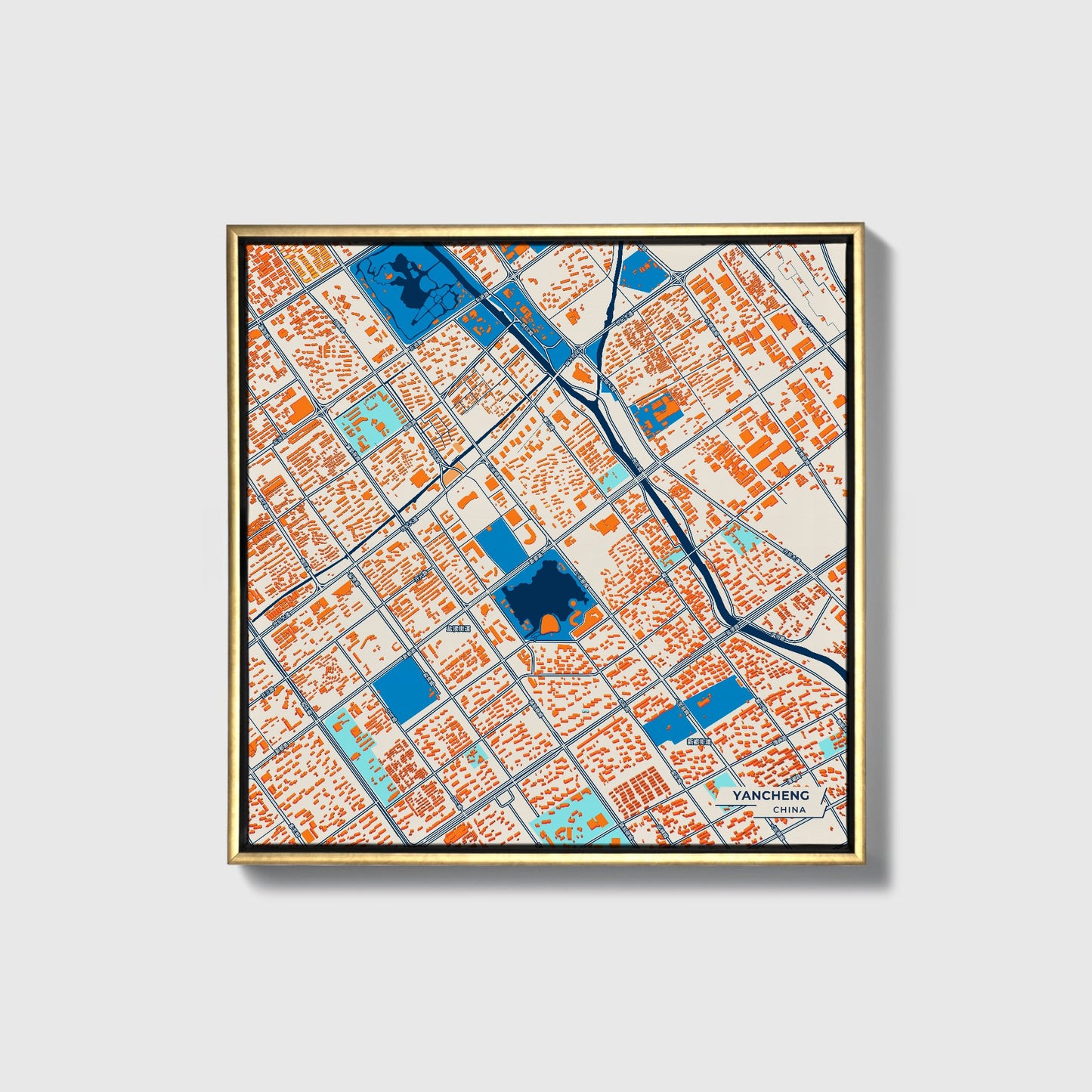 Yancheng China Colorful City Map Canvas Print • Gold Framed