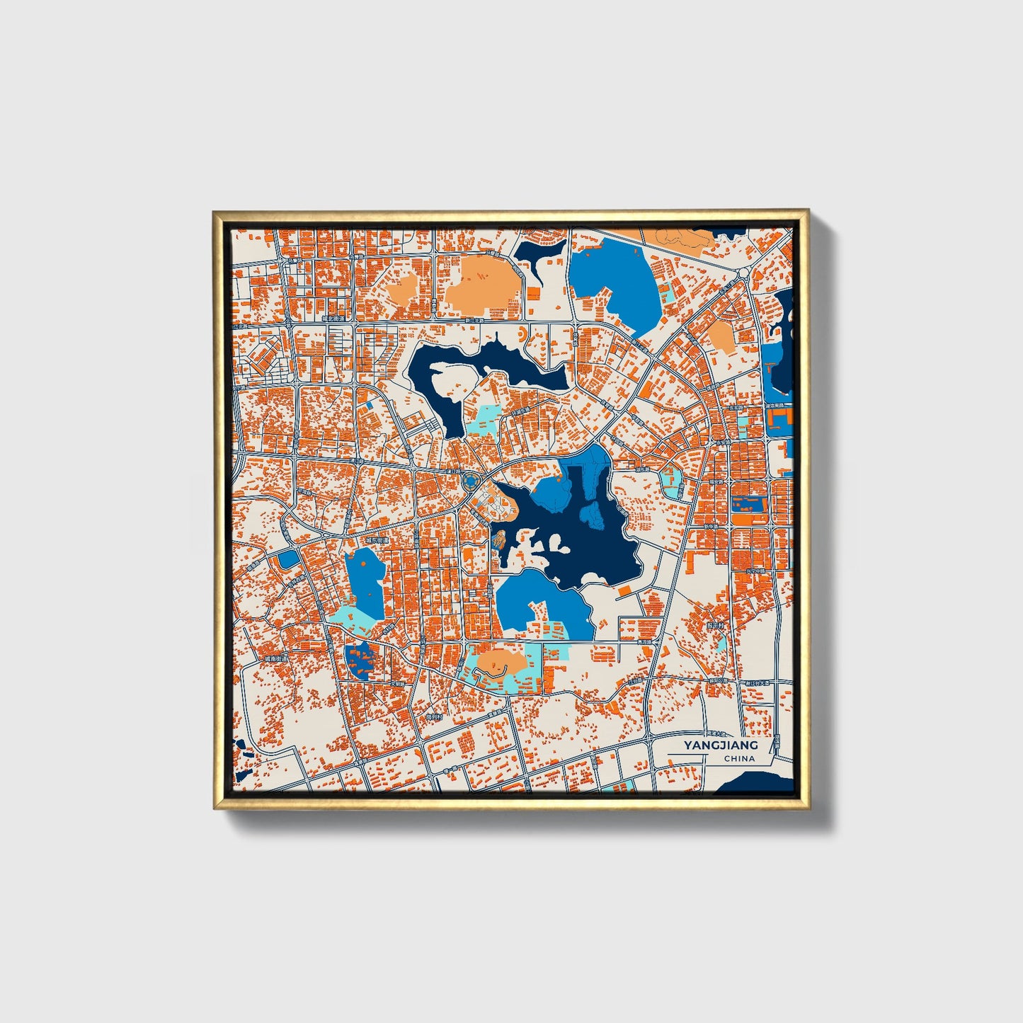 Yangjiang China Colorful City Map Canvas Print • Gold Framed