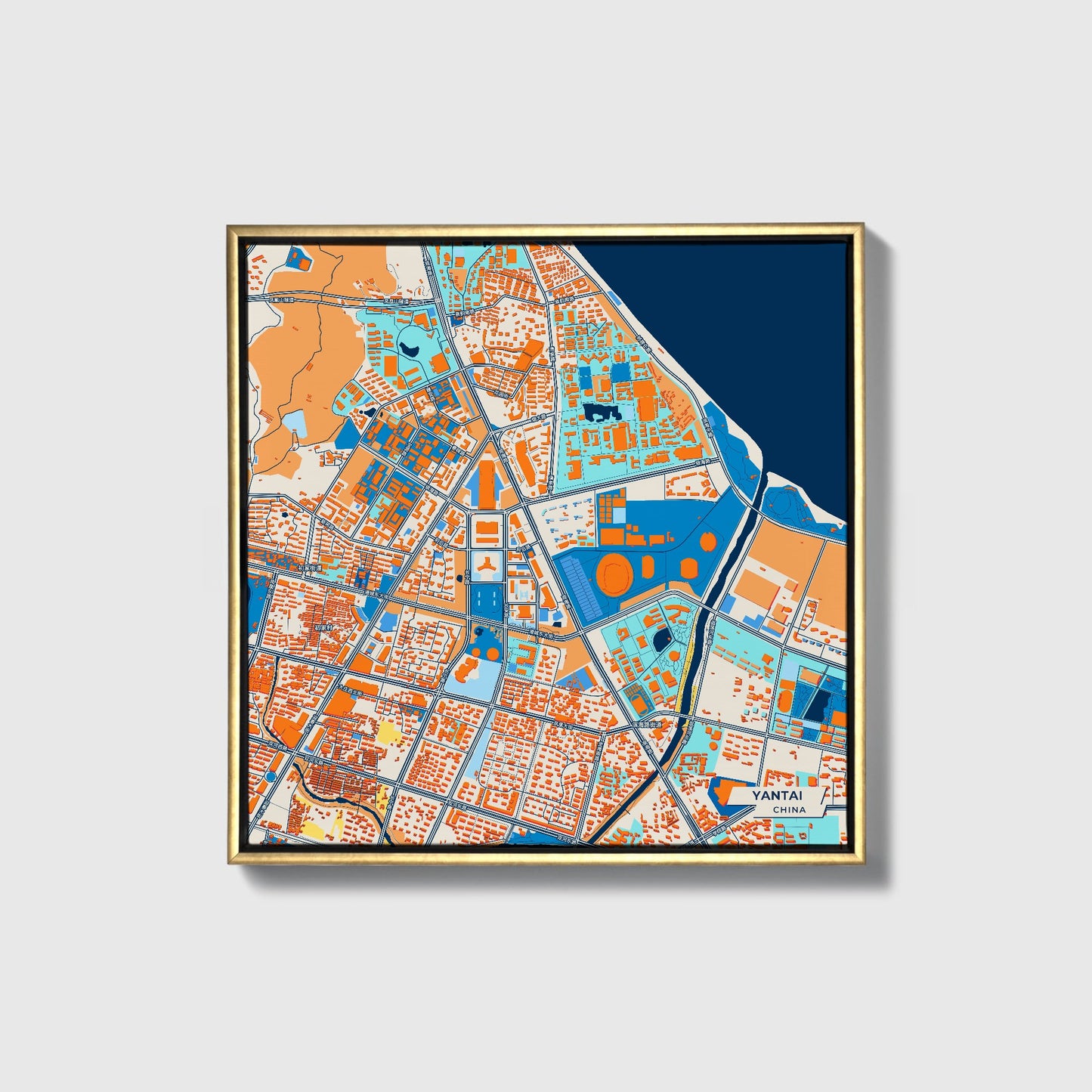 Yantai China Colorful City Map Canvas Print • Gold Framed