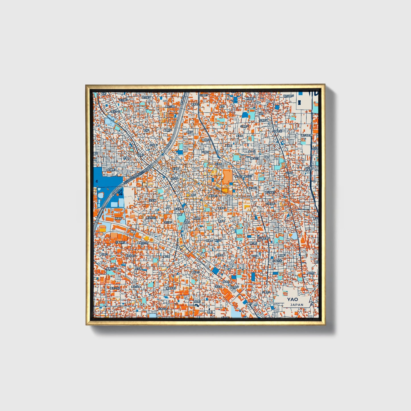 Yao Japan Colorful City Map Canvas Print • Gold Framed