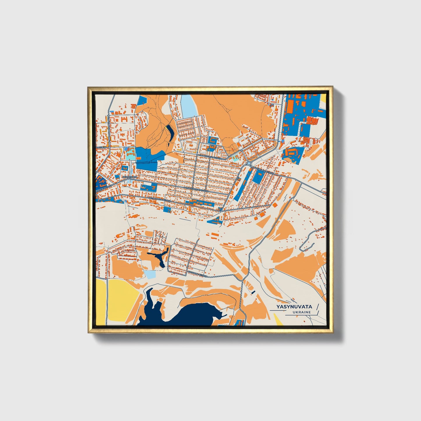 Ясинувата Ukraine Colorful City Map Canvas Print • Gold Framed