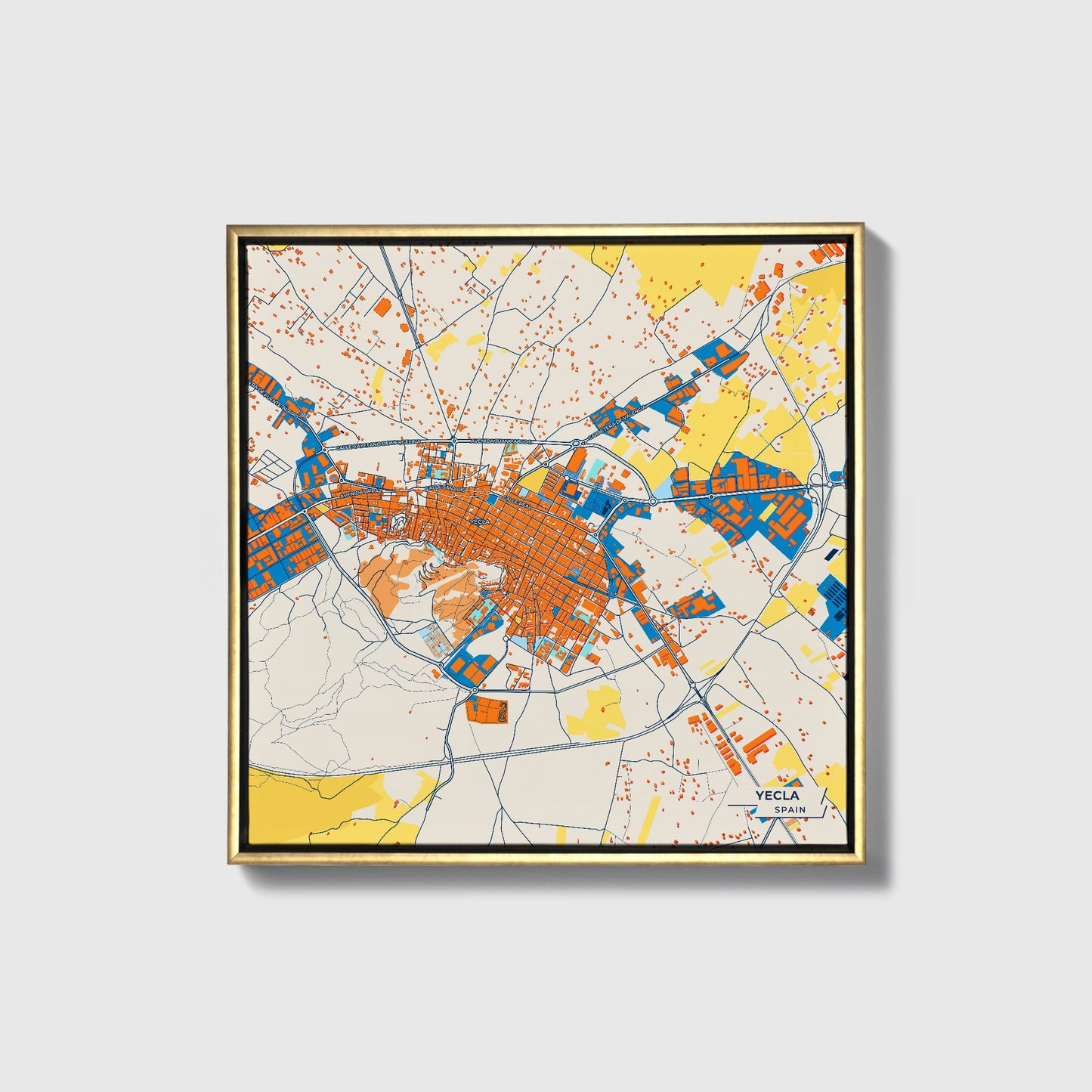 Yecla Spain Colorful City Map Canvas Print • Gold Framed