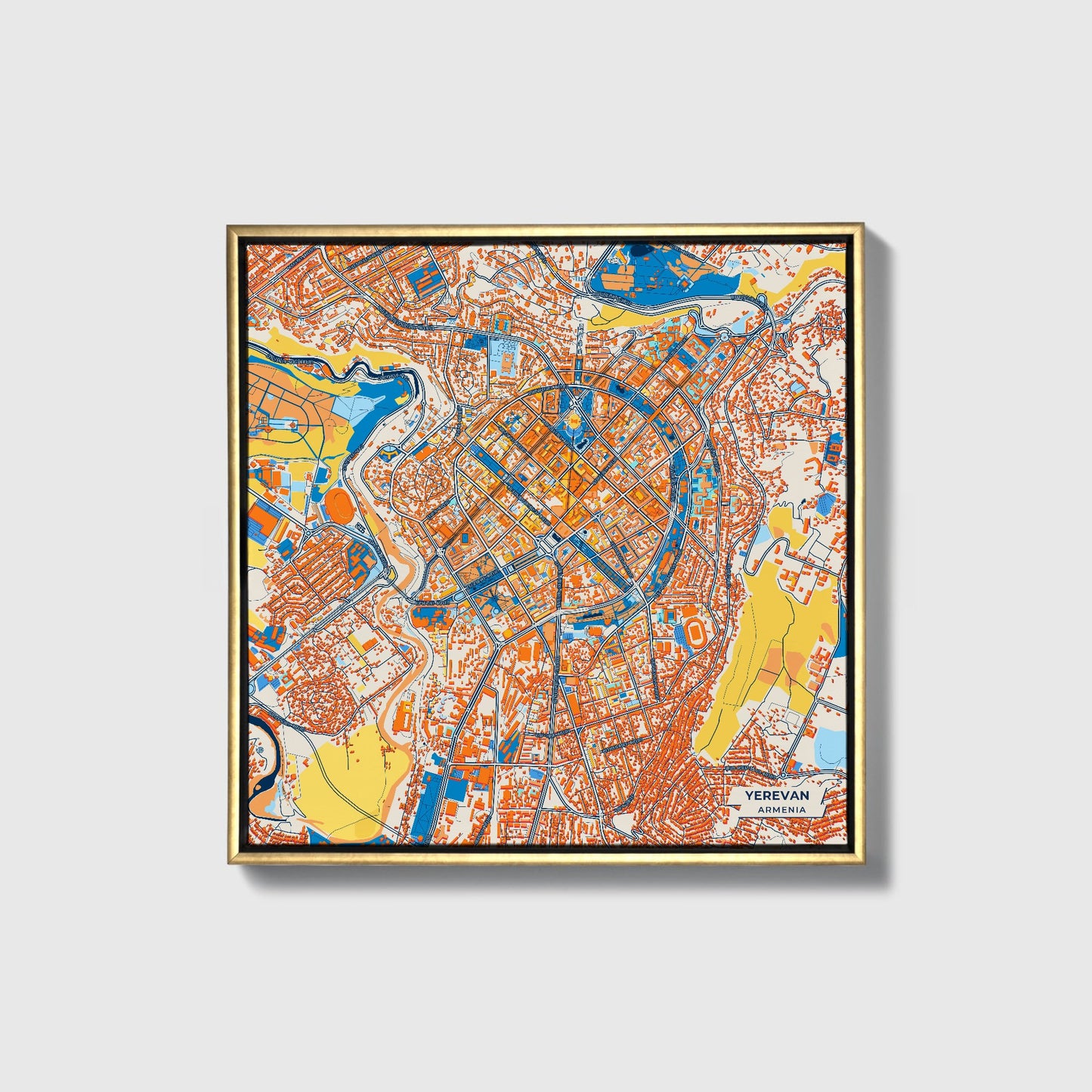 Yerevan Armenia Colorful City Map Canvas Print • Gold Framed