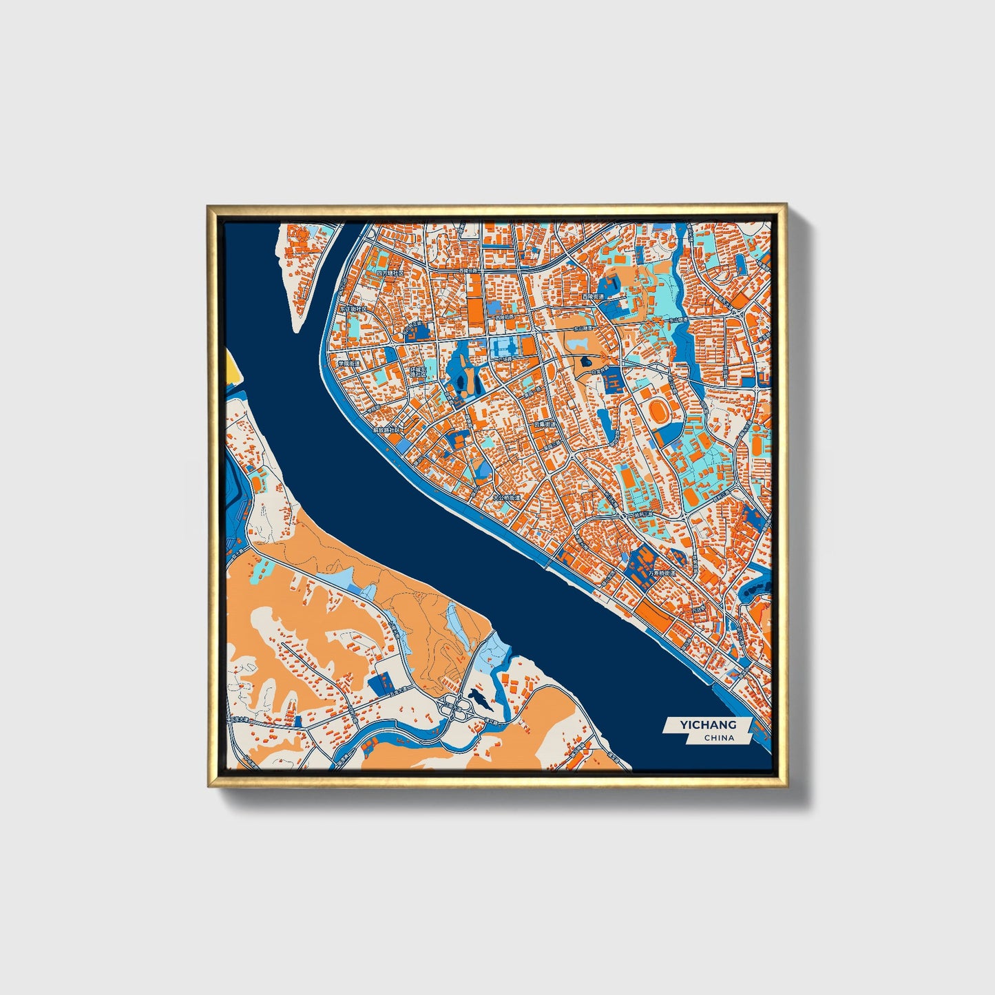 Yichang China Colorful City Map Canvas Print • Gold Framed