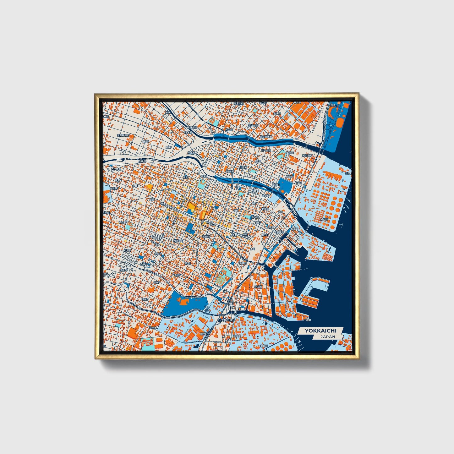 Yokkaichi Japan Colorful City Map Canvas Print • Gold Framed