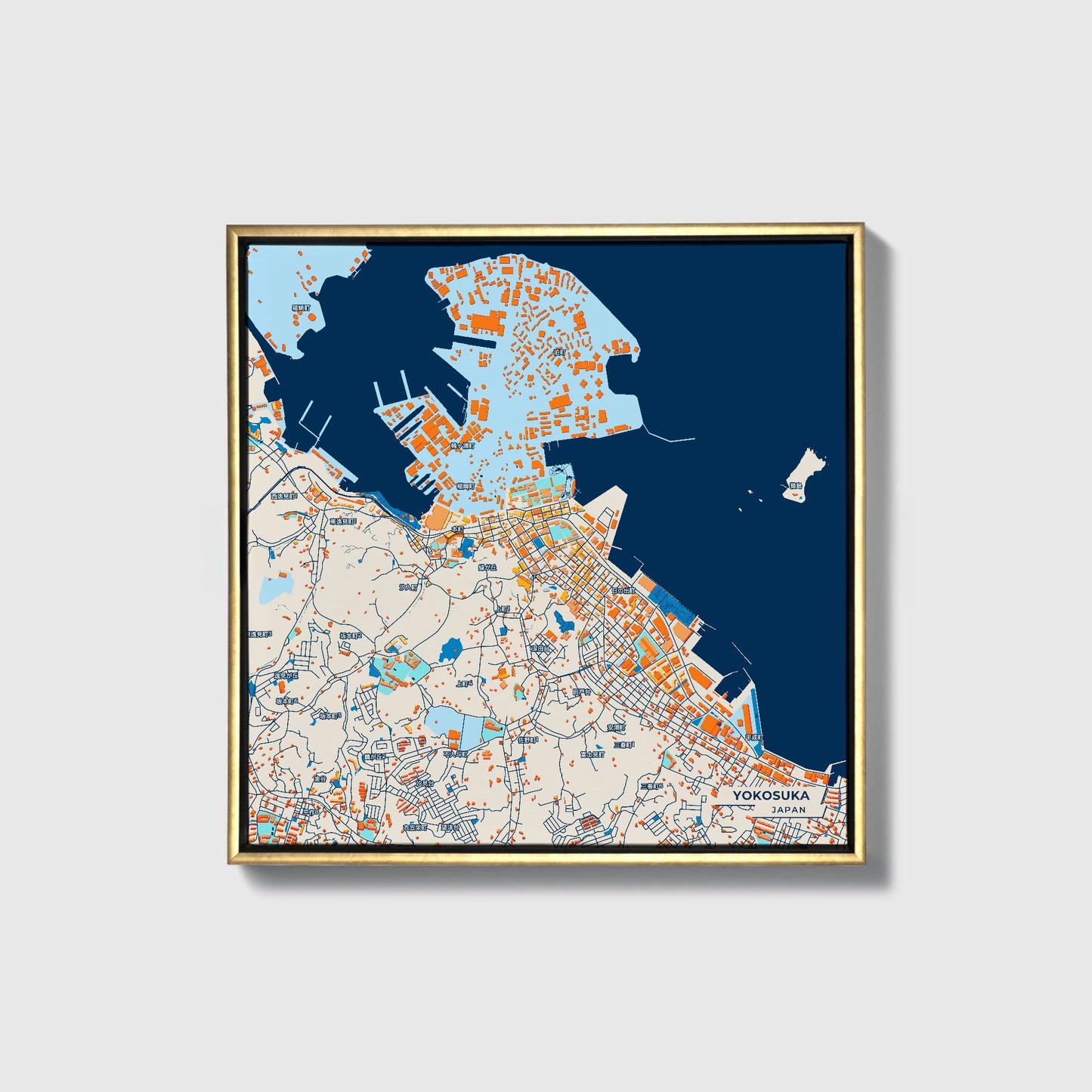 Yokosuka Japan Colorful City Map Canvas Print • Gold Framed
