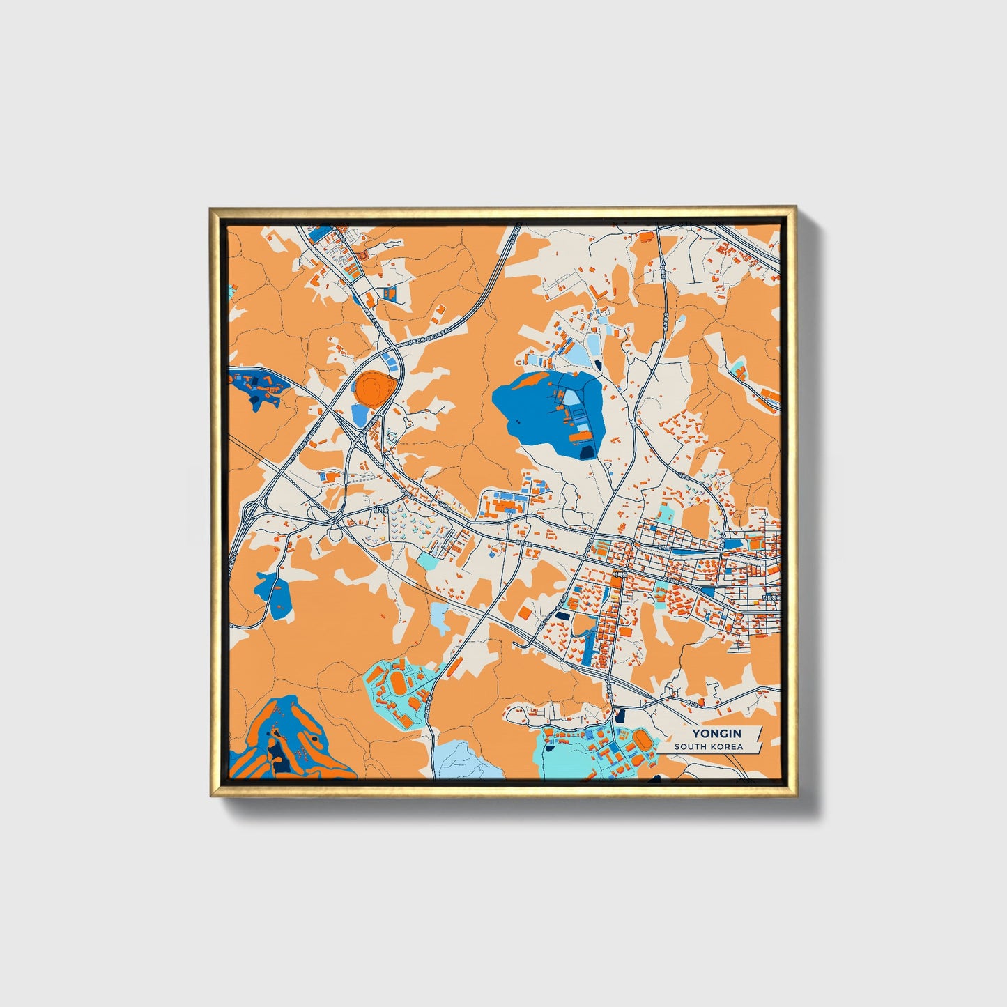 Yongin South Korea Colorful City Map Canvas Print • Gold Framed