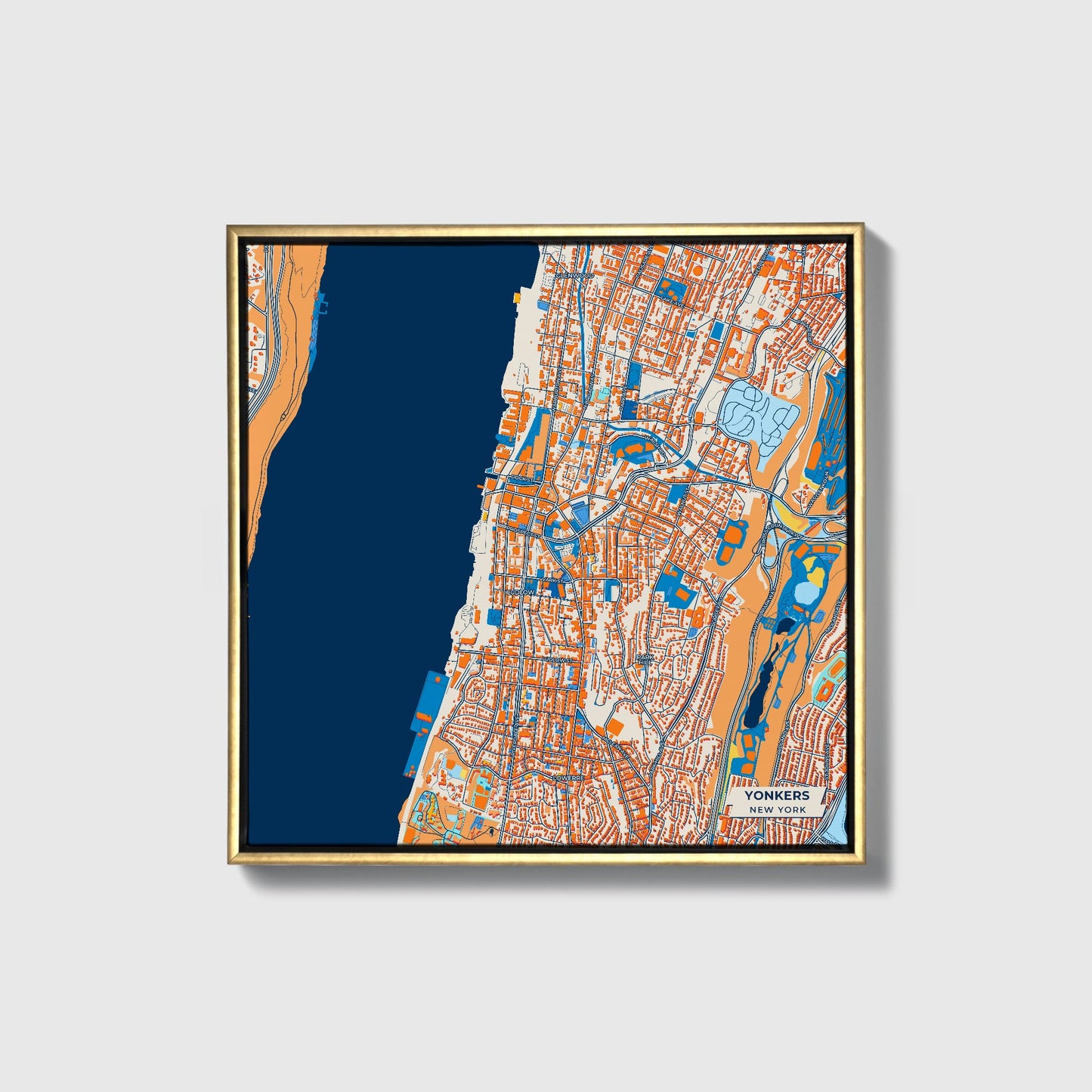 Yonkers New York Colorful City Map Canvas Print • Gold Framed