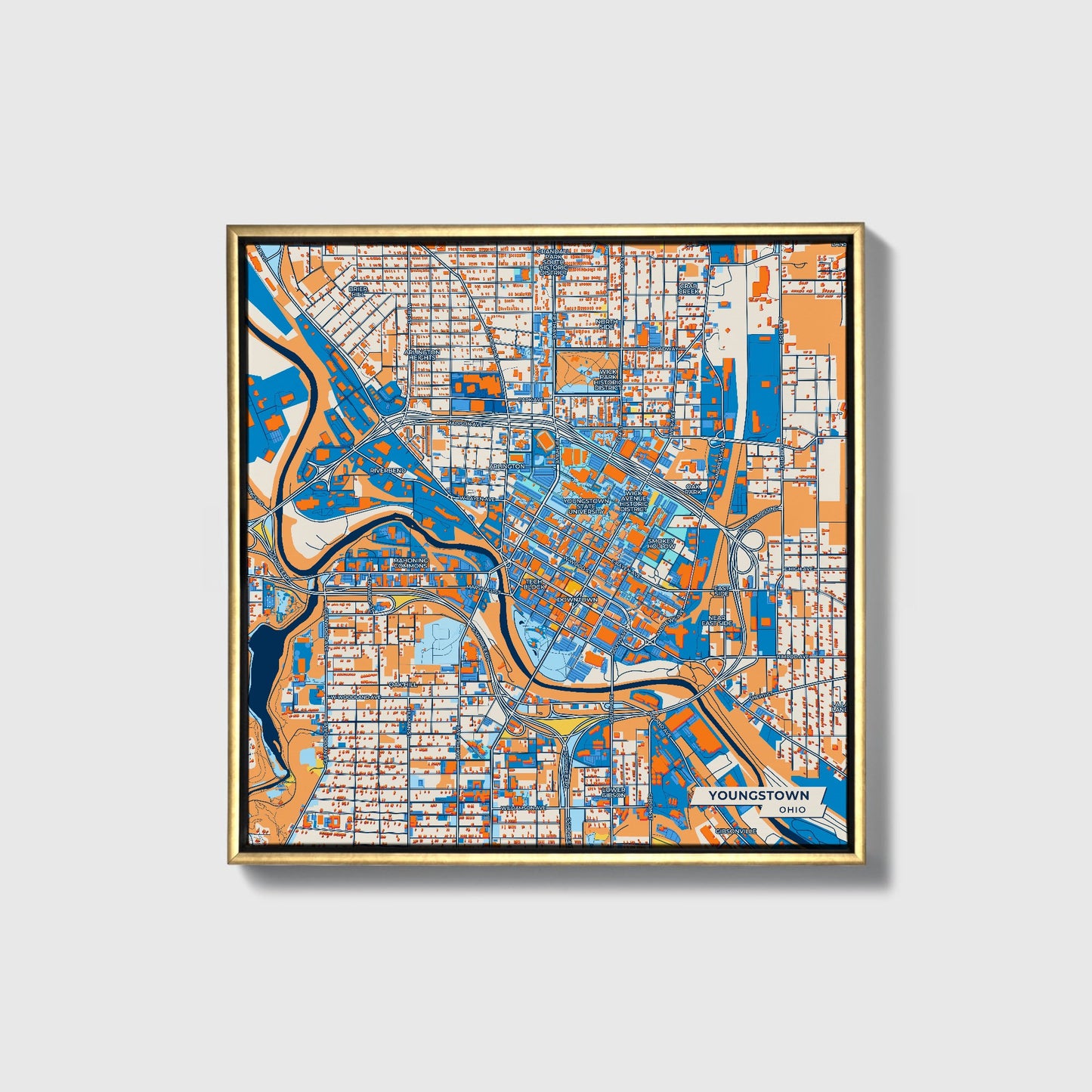 Youngstown Ohio Colorful City Map Canvas Print • Gold Framed
