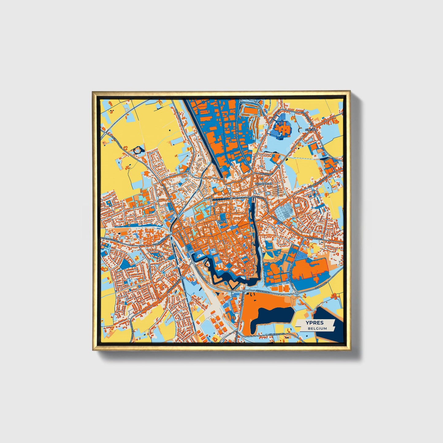 Ypres Belgium Colorful City Map Canvas Print • Gold Framed